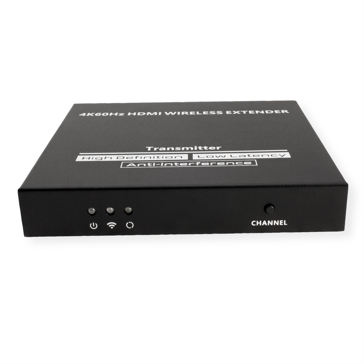 Trasmettitore extender wireless HDMI 4K60Hz nero con tre spie di stato e un pulsante canale.