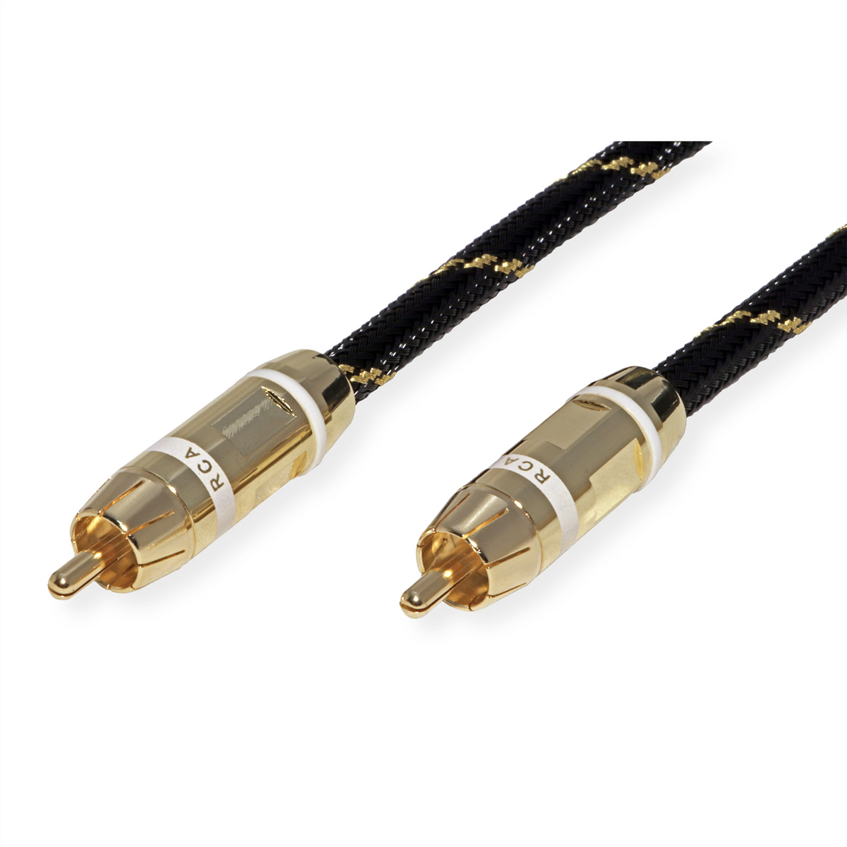 Deux câbles audio RCA avec des connecteurs dorés. Les câbles sont noirs et dorés.