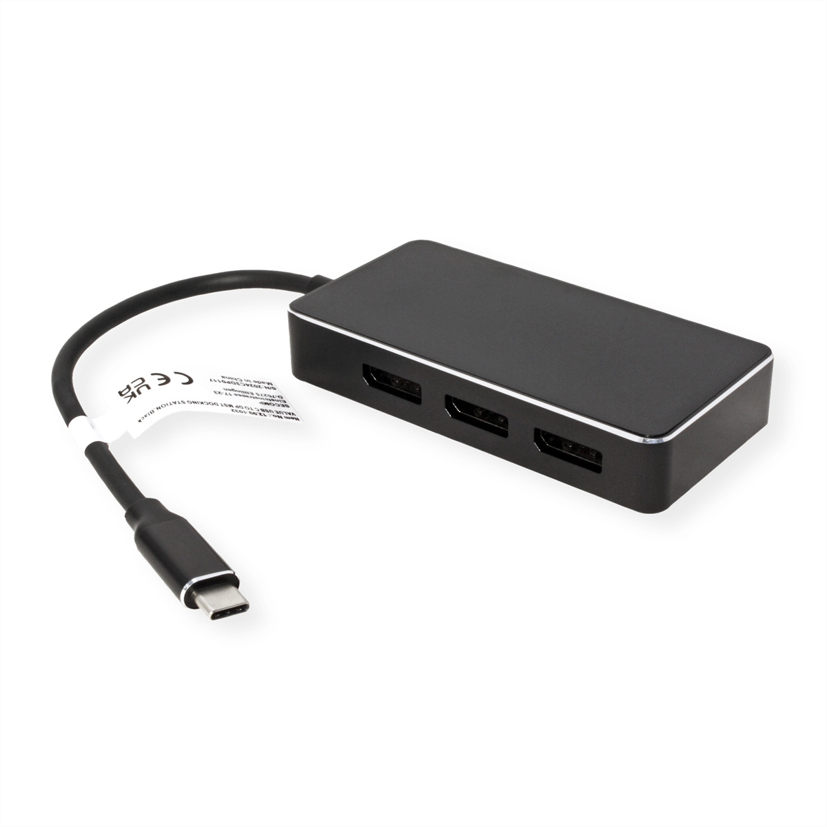 Une station d'accueil USB-C noire avec des ports, connectée à un câble noir.