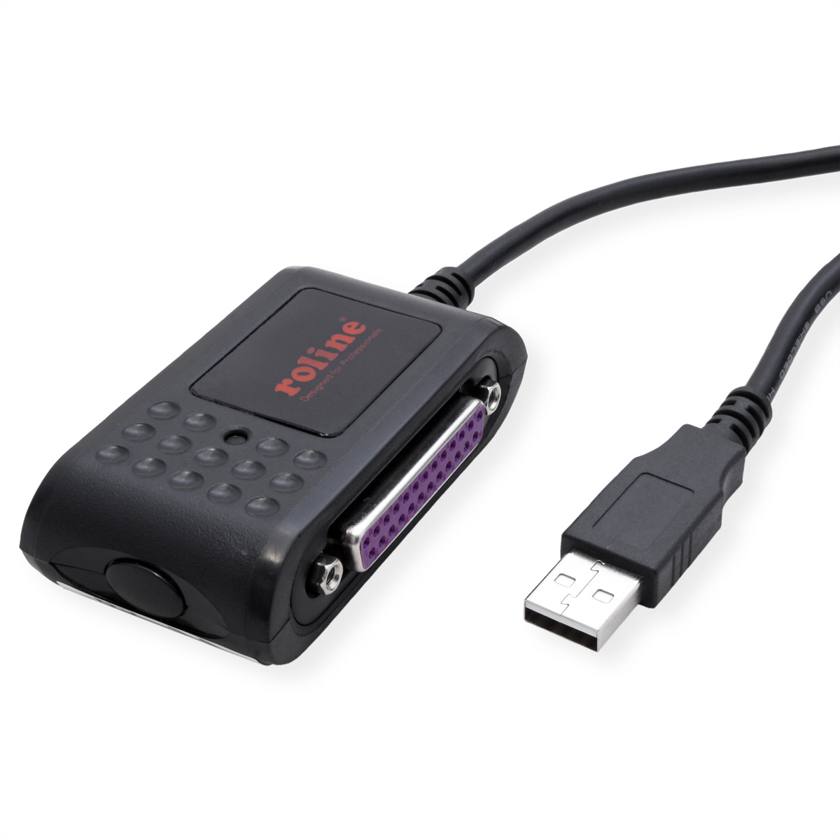 Adaptateur Roline noir avec un connecteur USB et un port parallèle. Il est sur une surface blanche.