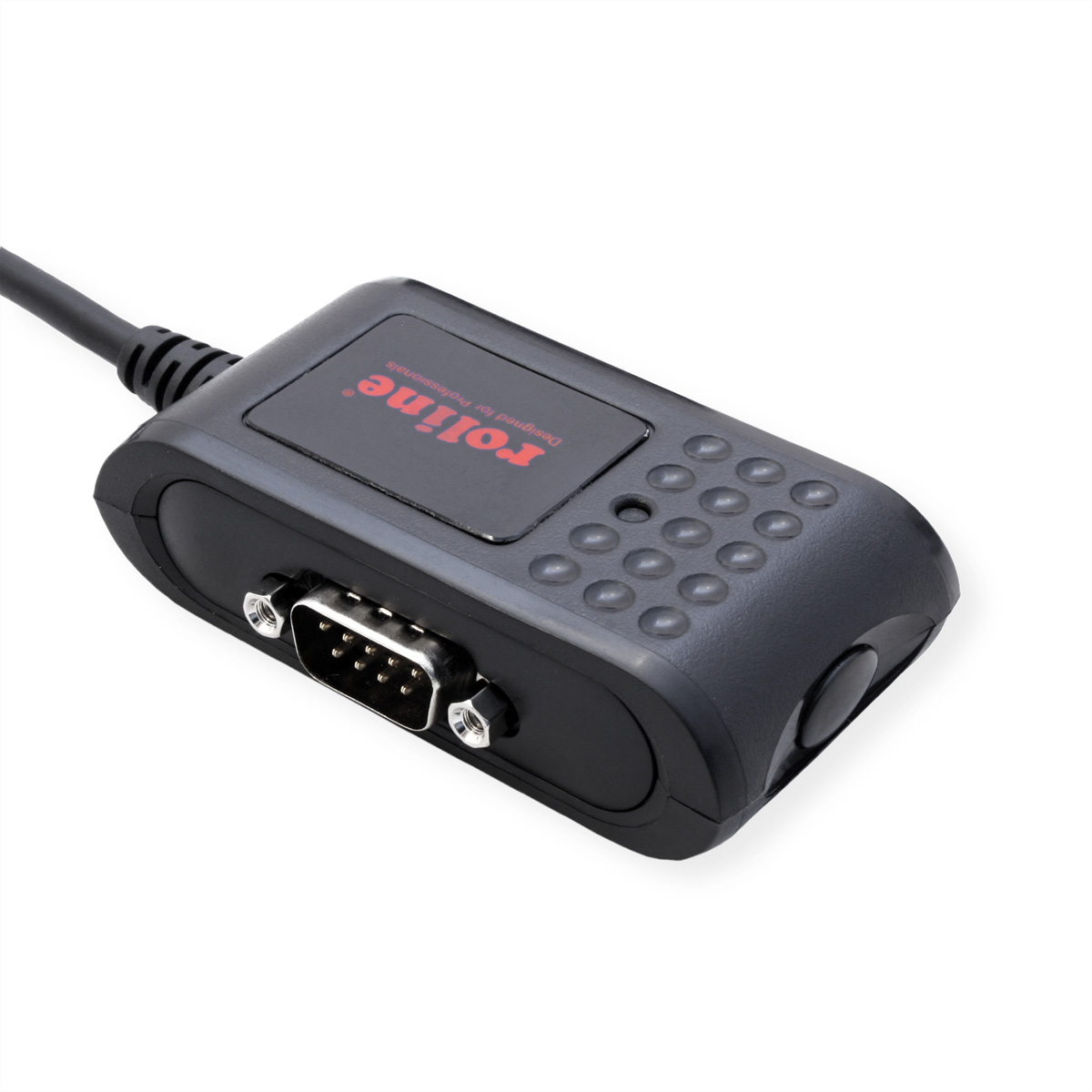 Appareil noir avec un port et un câble attaché, conçu pour les professionnels.