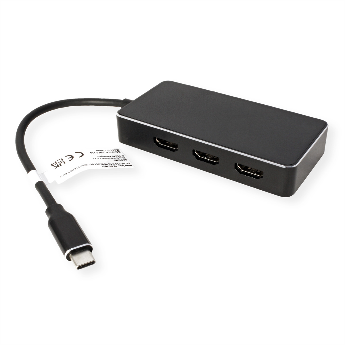 Un hub USB-C noir avec trois ports HDMI et un câble USB-C connecté.