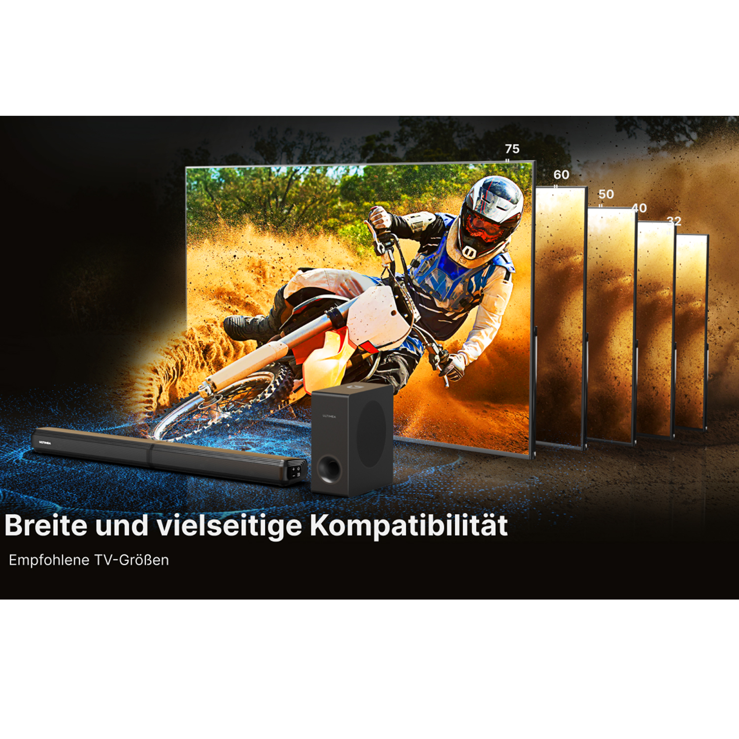 Soundbar und Subwoofer, mit TV-Größenangaben und Motorrad-Hintergrund.