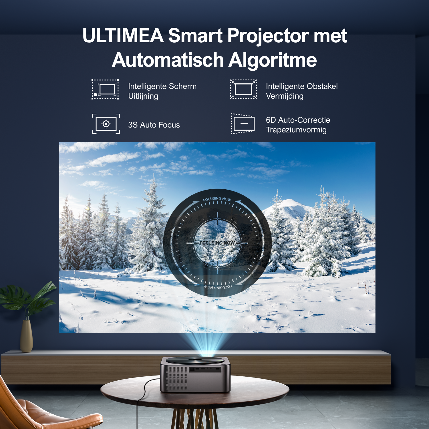 A projector on a table projects a winter scene onto a wall. Text describes its features, with a focusing graphic overlaid on the scene.