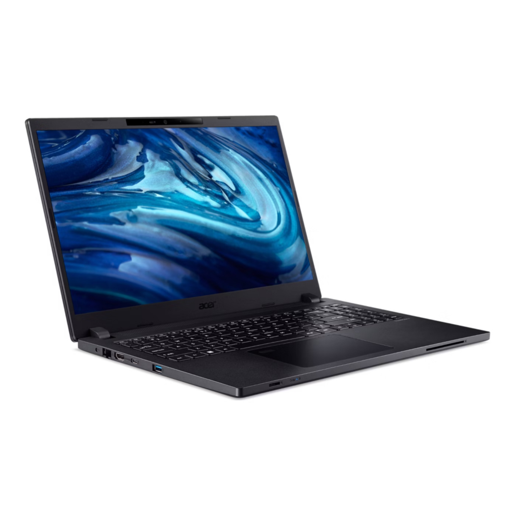 Schwarzer Laptop mit dunklem Bildschirm, in einem Winkel geöffnet, auf weißem Hintergrund. Der Bildschirm zeigt ein blaues Bild.