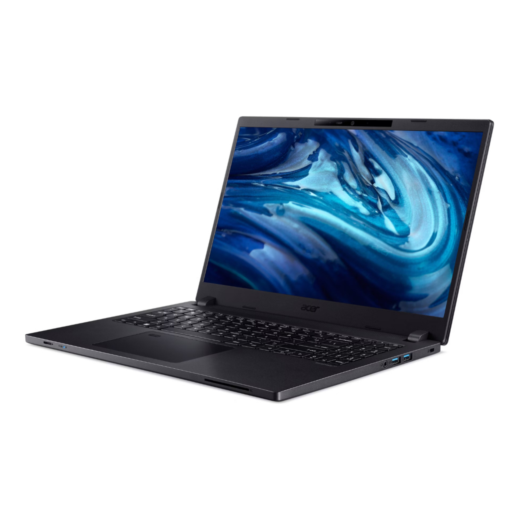 Schwarzer Laptop, geöffnet, zeigt den Bildschirm mit blau getönter Oberfläche und dem Acer-Logo.