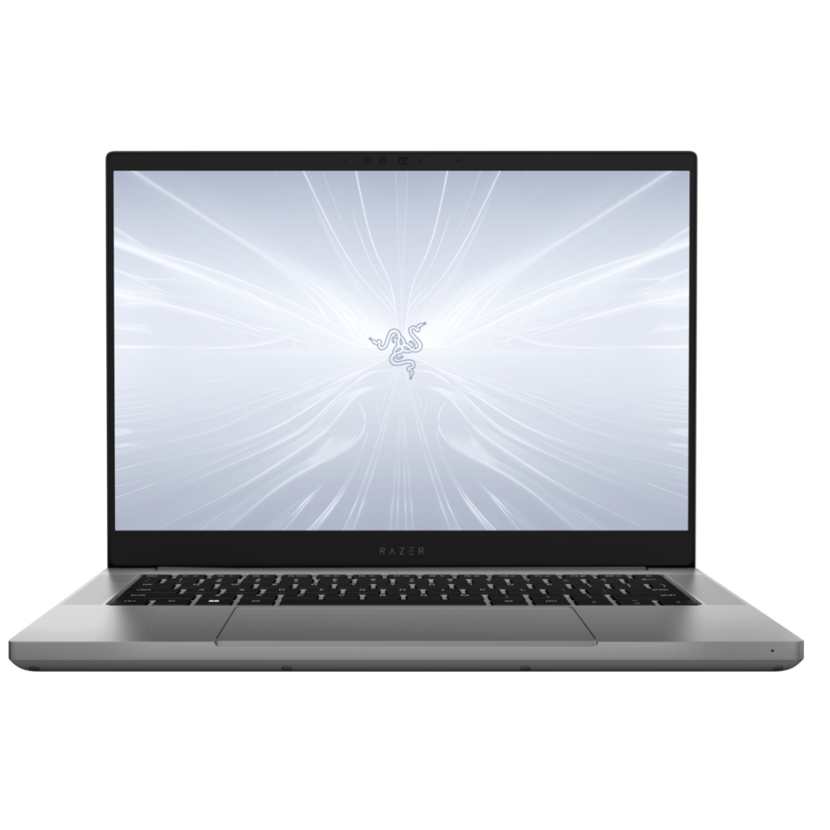 Silberner Laptop mit Razer-Logo, weißer Hintergrund mit Linien.