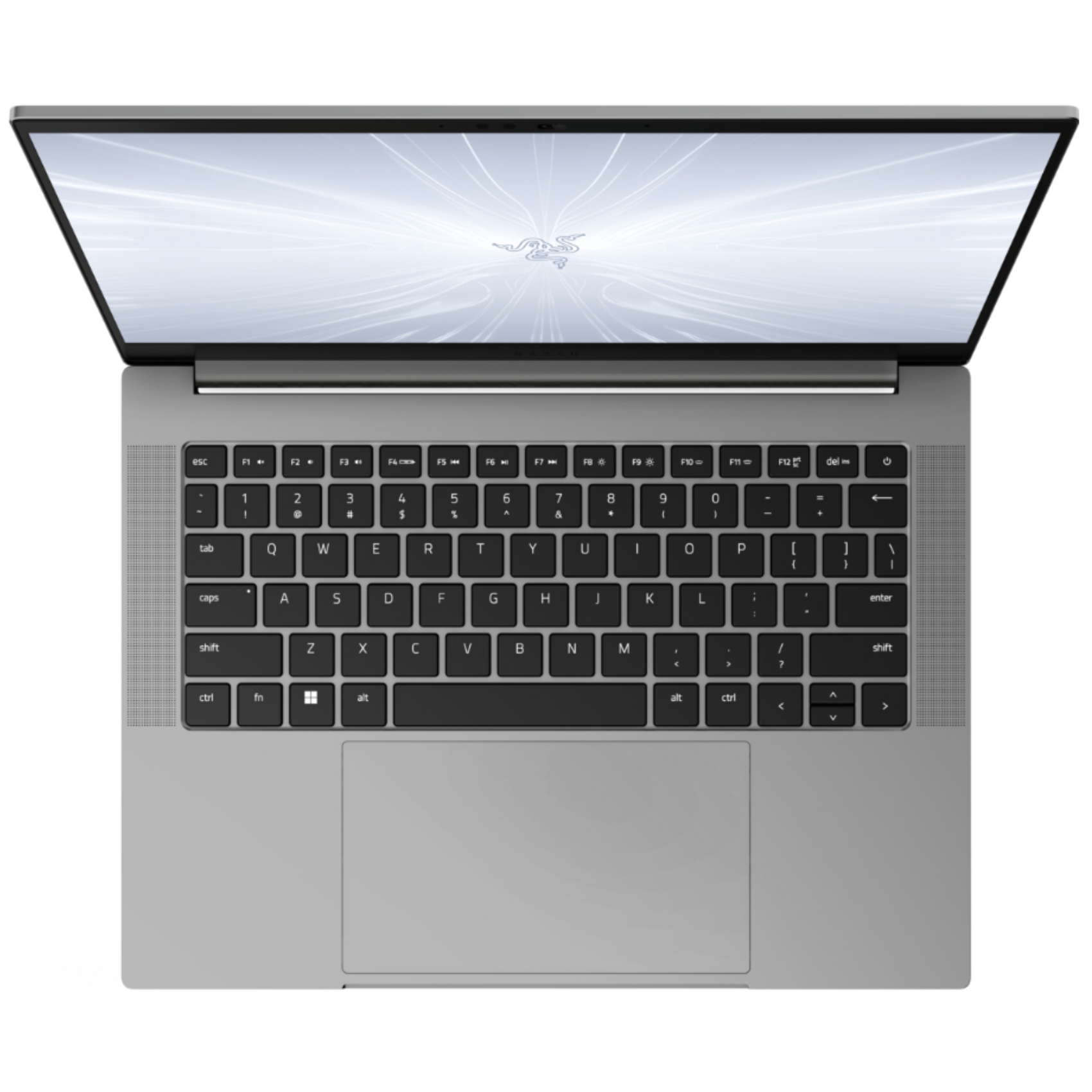 Silberner Laptop, offen, von oben. Tastatur sichtbar, Bildschirm zeigt weißes Muster.