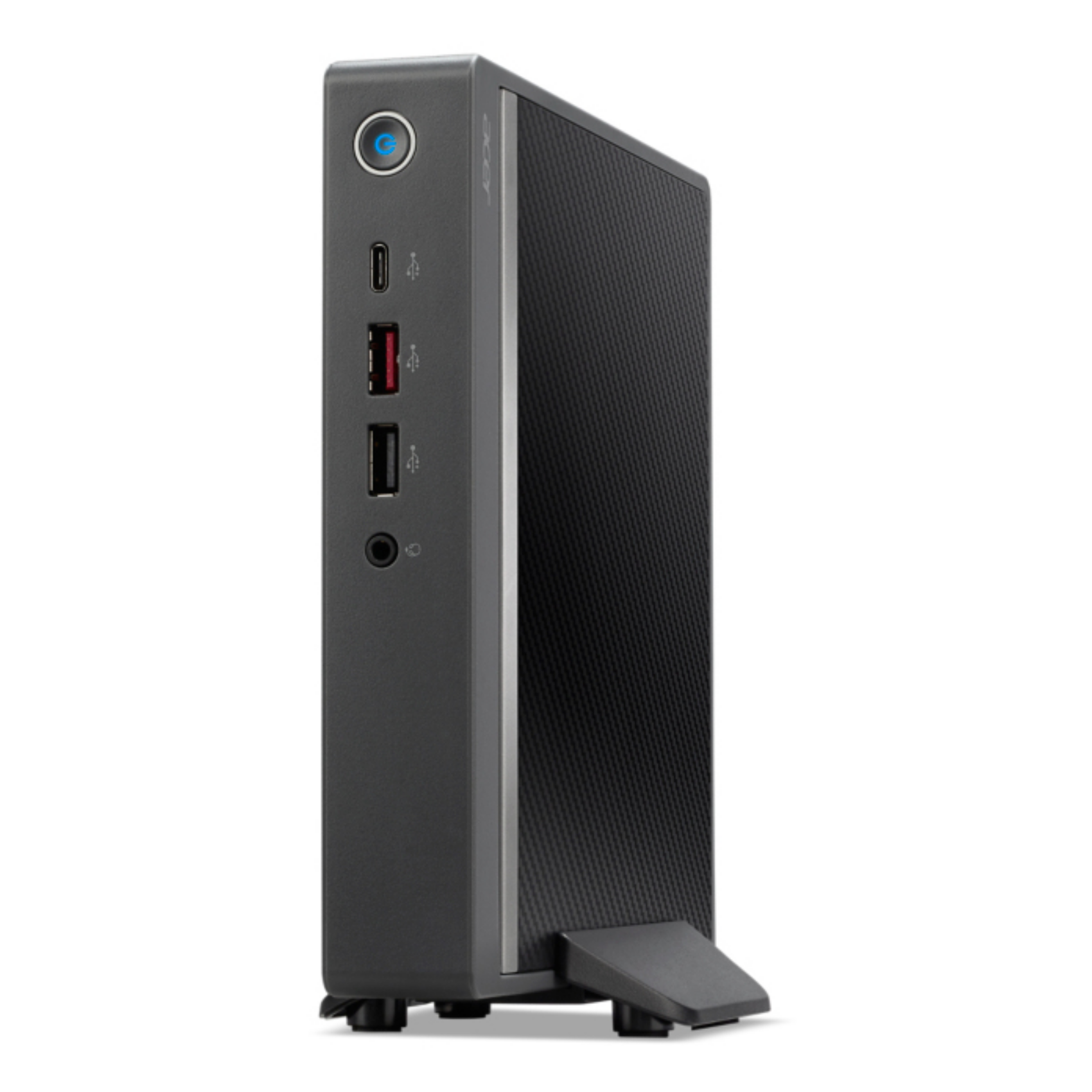 Un computer desktop Acer nero. Mostra le porte e un pulsante di accensione. Vista angolata.