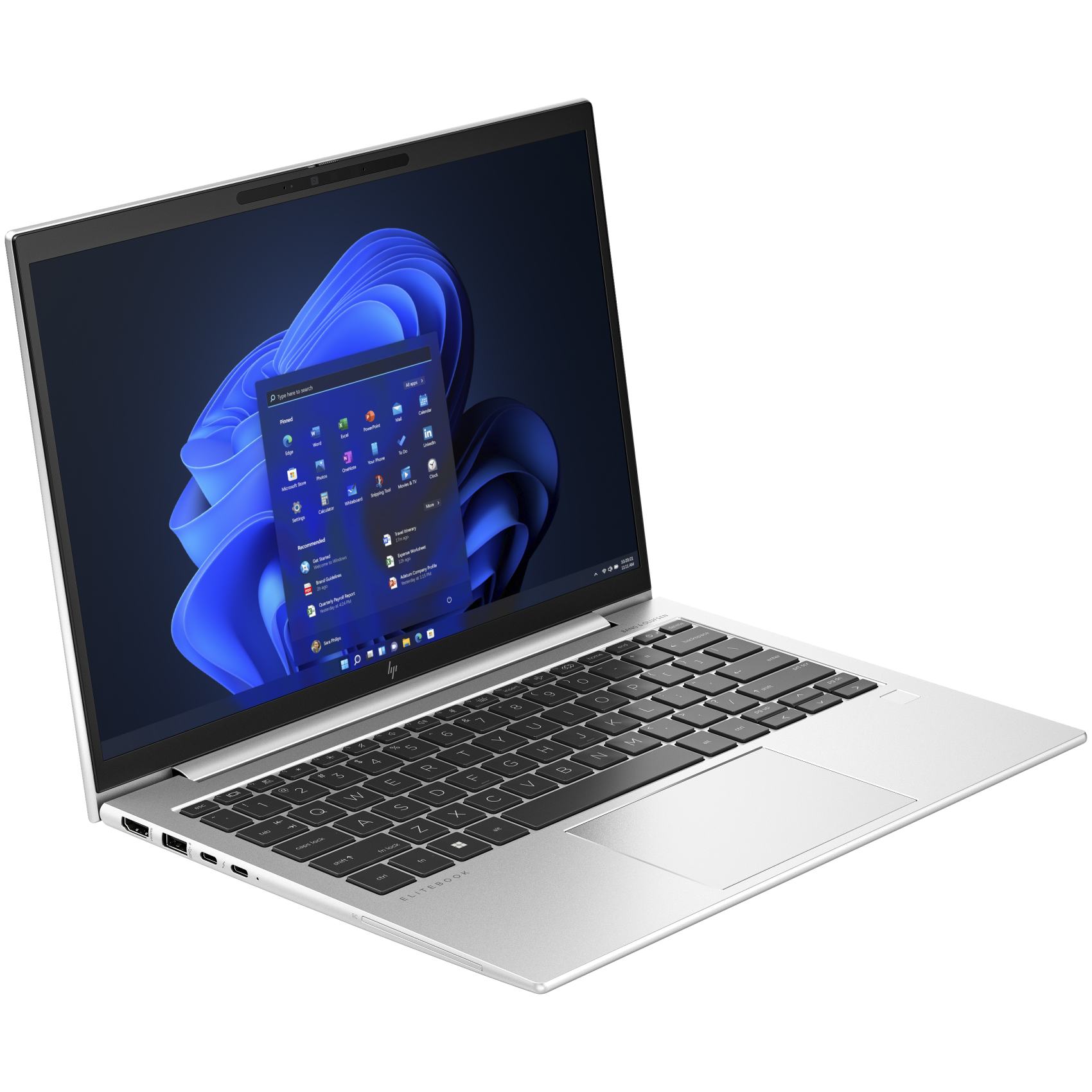 Silberner Laptop auf weißem Hintergrund. Bildschirm zeigt blaues und schwarzes abstraktes Design.