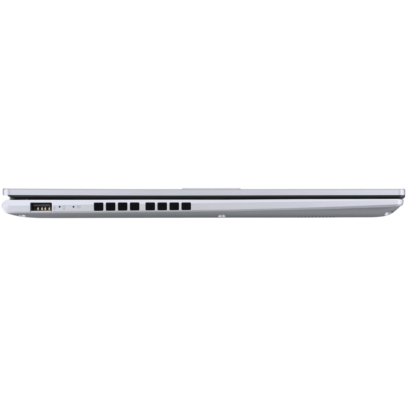 Seitenansicht eines silbernen Laptops mit Anschlüssen. Schwarze Anschlüsse. Schlichter weißer Hintergrund.