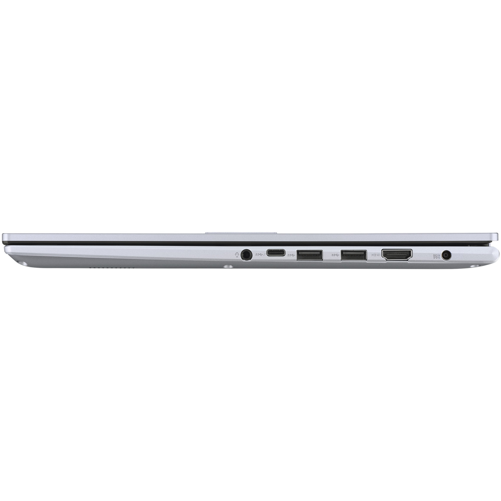Seitenansicht eines silbernen Laptops mit Anschlüssen und Scharnier, weißer Hintergrund.