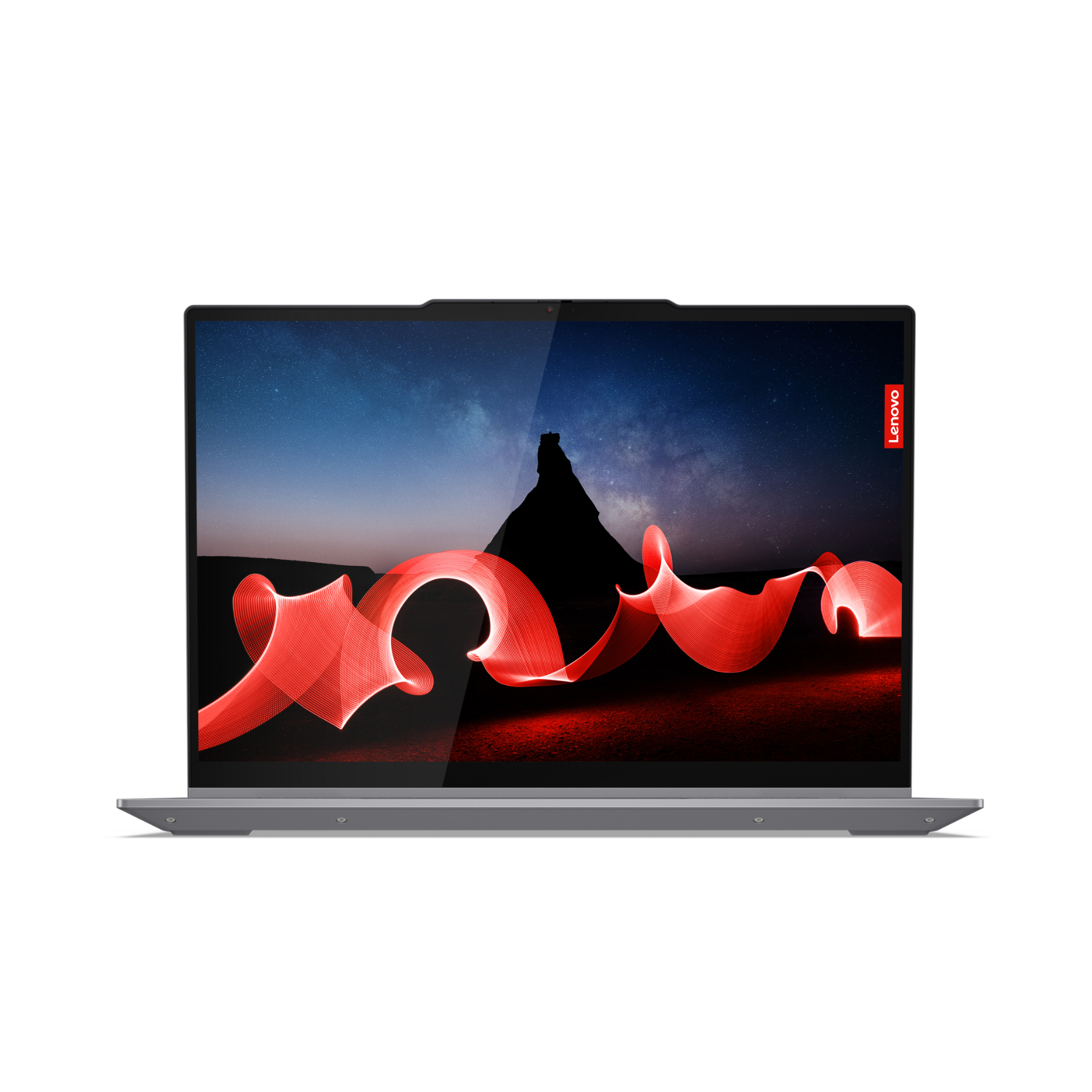 Geöffneter Laptop, dunkler, sternenreicher Himmel und rote Lichtspuren. Lenovo-Logo oben rechts.