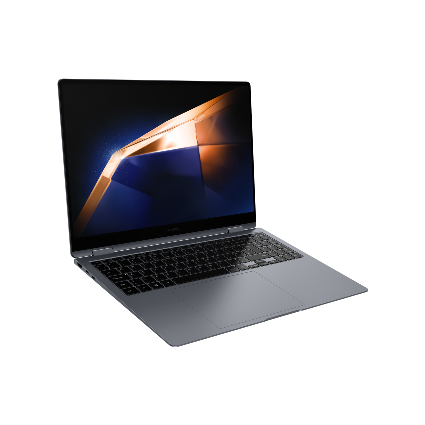 Grauer Laptop offen, zeigt einen Bildschirm mit einer dunkelblauen und goldenen abstrakten Anzeige.
