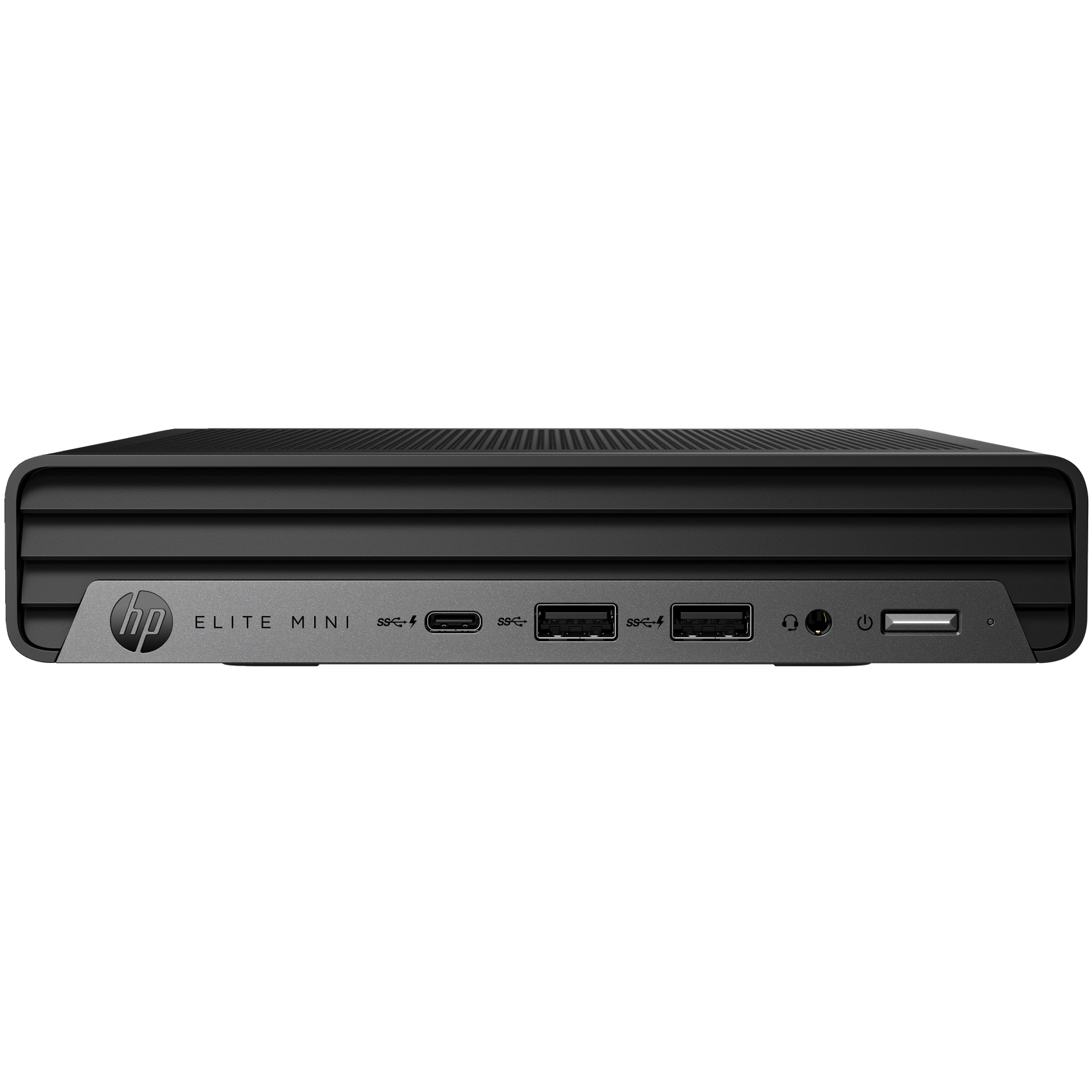 Schwarze HP Elite Mini Computer-Vorderansicht. Anschlüsse und Logo sichtbar. Weißer Hintergrund.