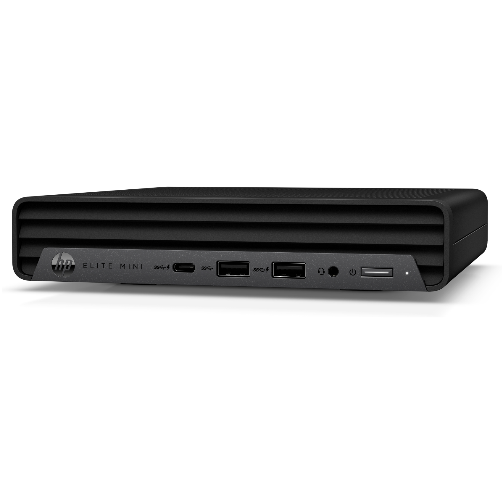 Schwarzer HP Elite Mini-PC auf weißer Oberfläche, Vorderansicht, mit Anschlüssen und Logo.