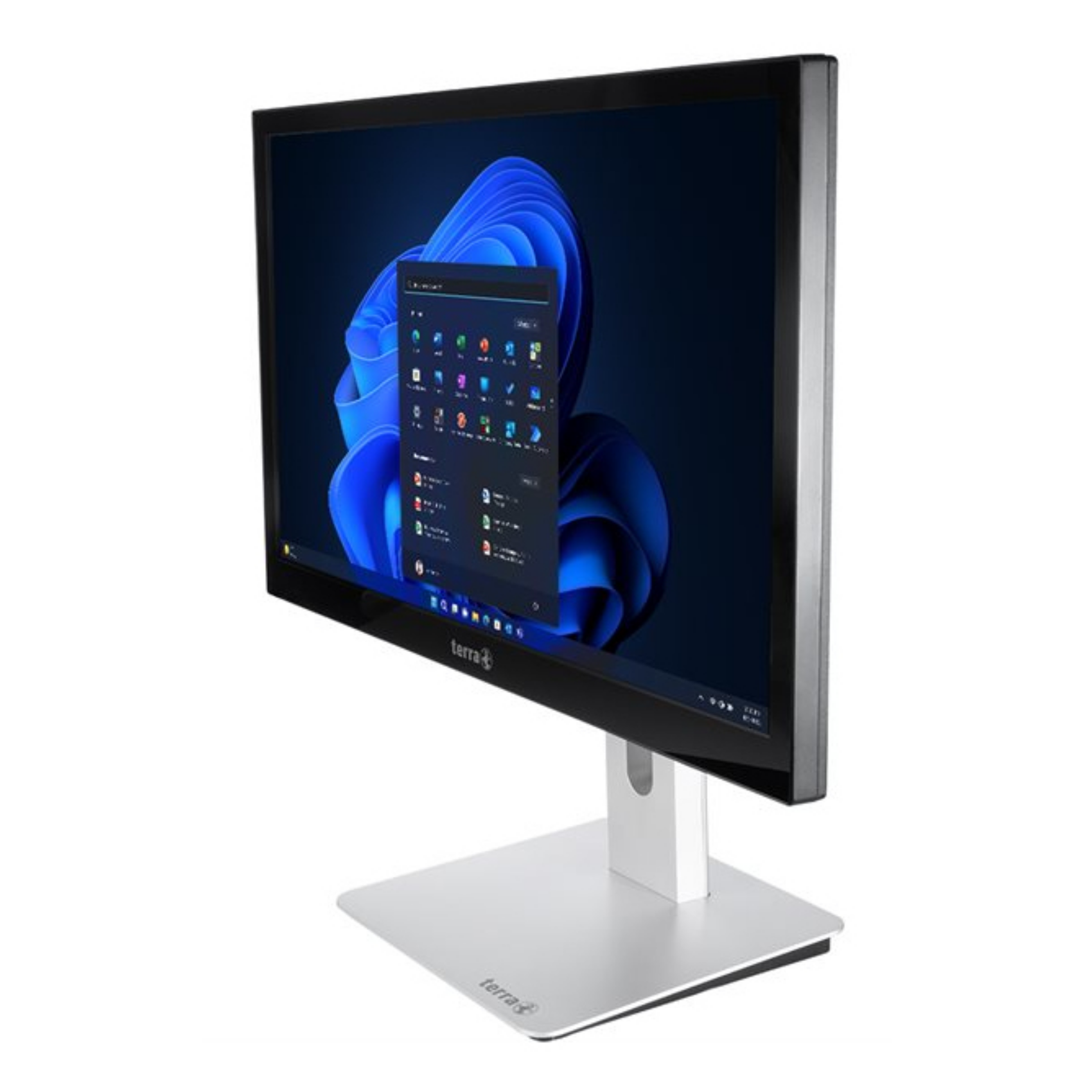 Monitor komputerowy na białym stojaku. Monitor wyświetla pulpit systemu Windows.