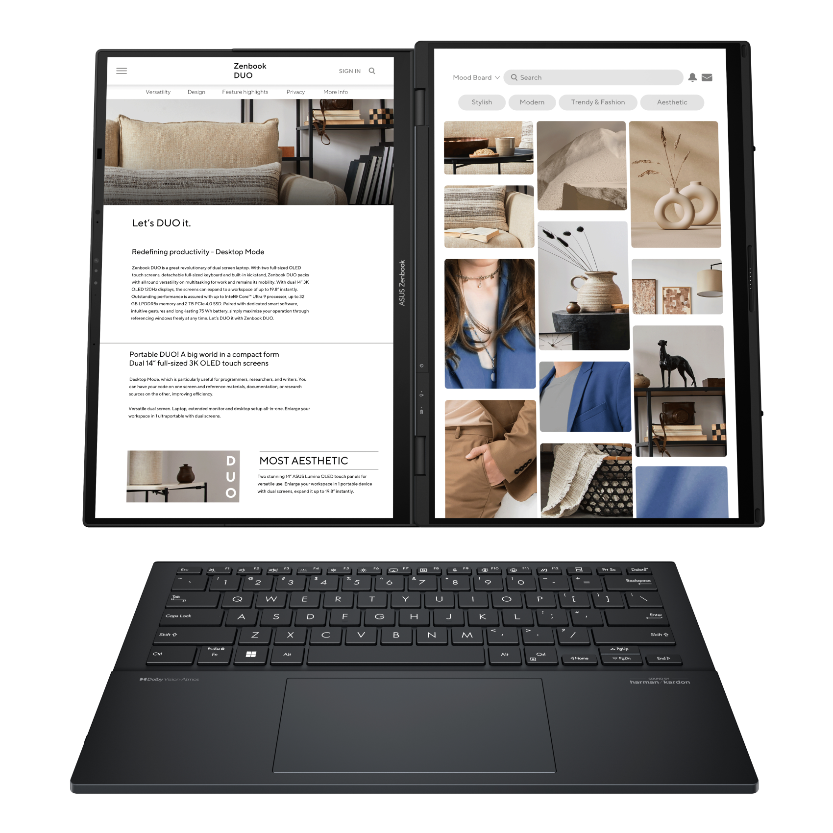 Laptop mit zwei Bildschirmen, geöffnet, mit Tastatur und Touchpad, einzigartiges Design.