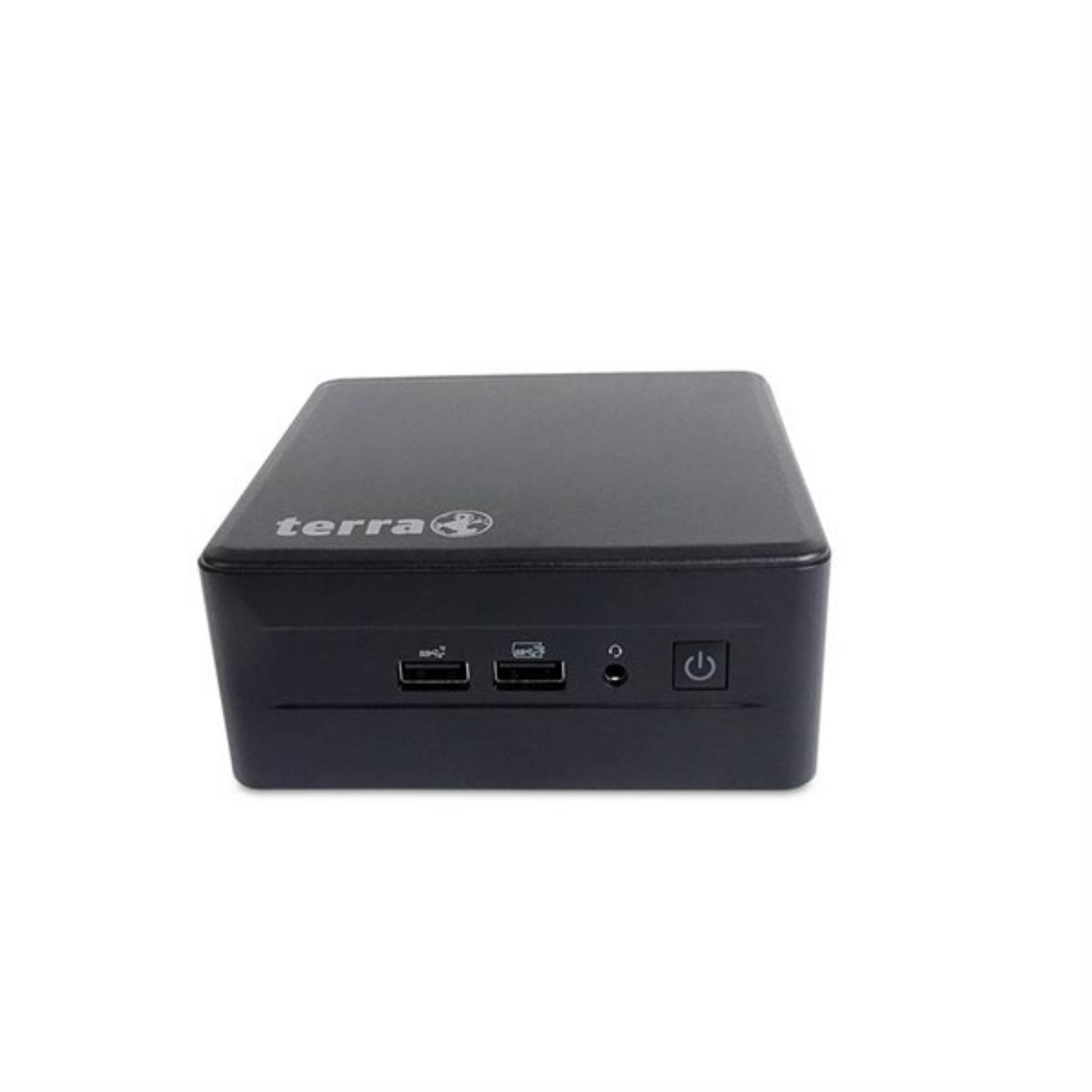 Czarny mini PC, w kształcie kostki, z portami z przodu. Na górze logo 'terra'.