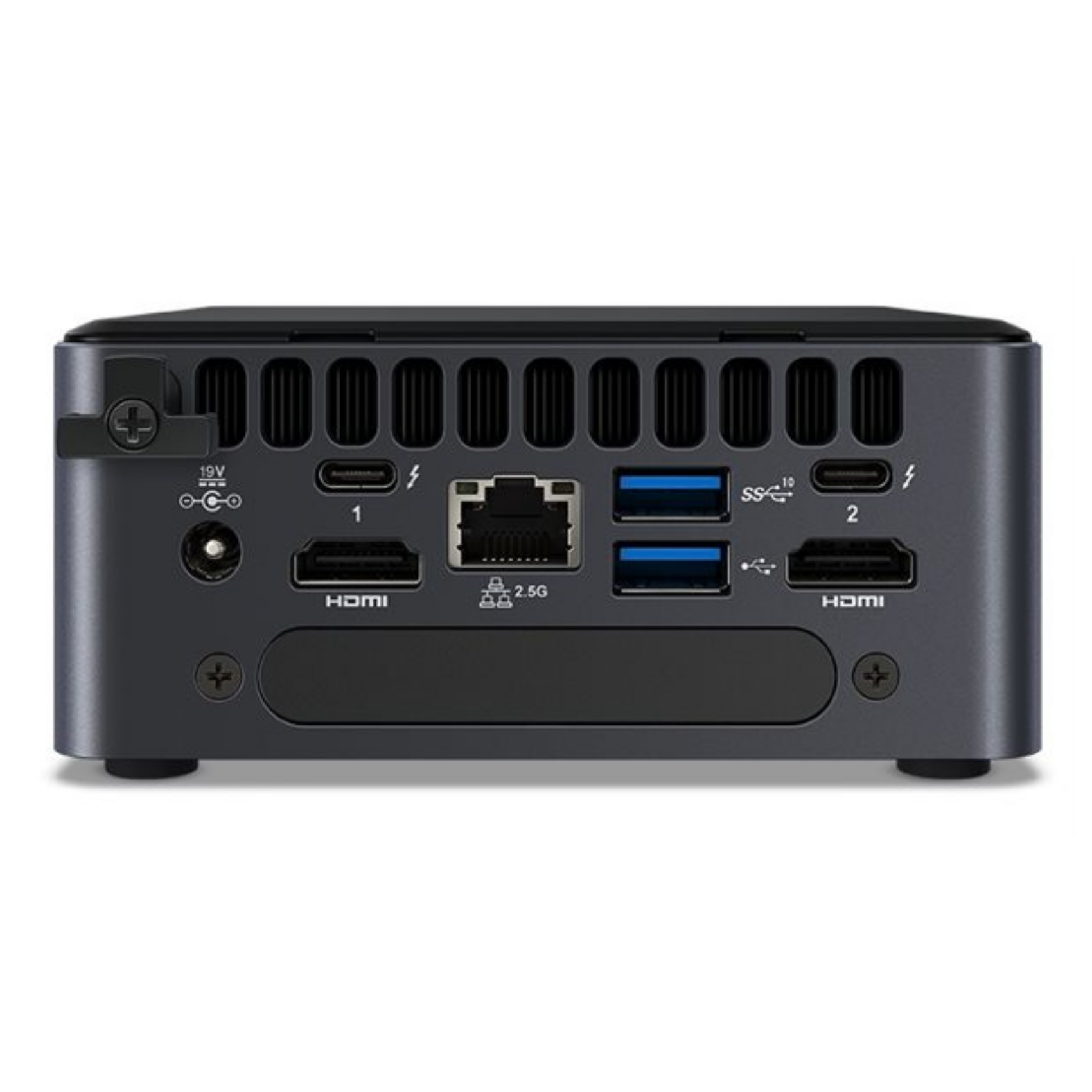 Czarny mini PC z portami, w tym HDMI i USB. Białe tło.