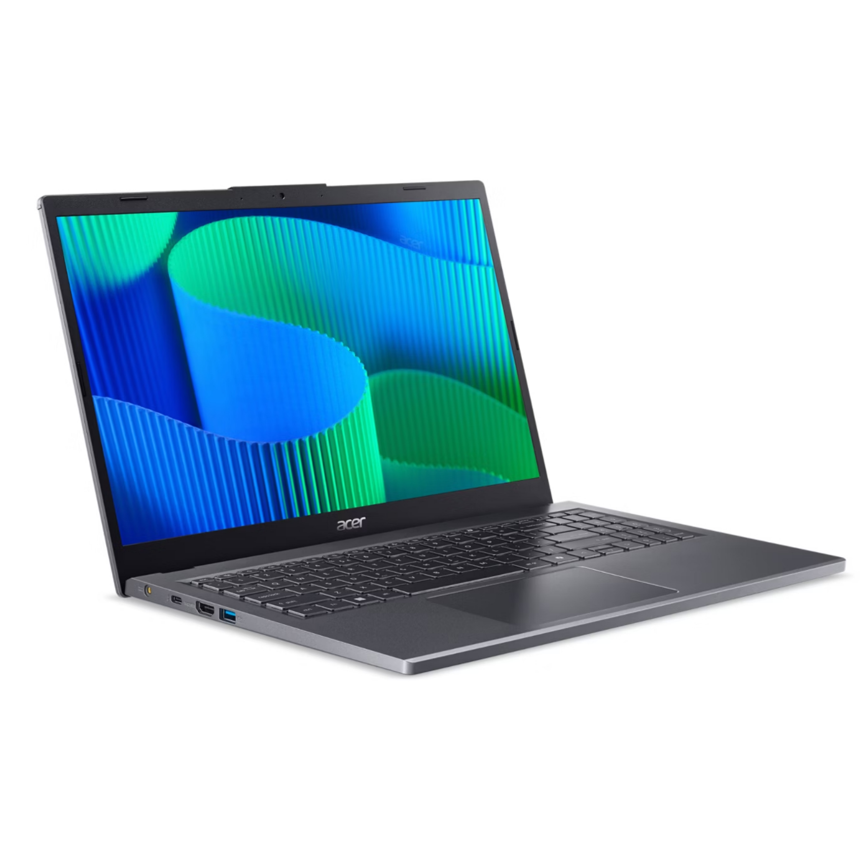 Laptop Acer argento con schermo blu e verde aperto, angolato su sfondo bianco.