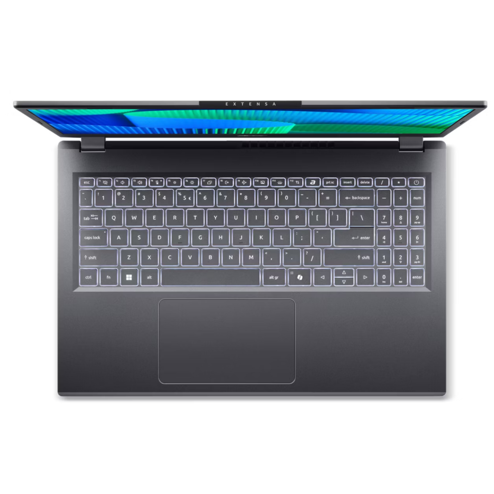 Vista dall'alto di un laptop grigio con schermo aperto, tastiera e touchpad su superficie bianca.