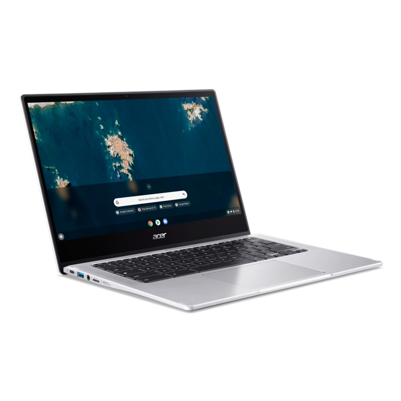 Laptop argento con logo Acer, schermo con mappa su sfondo chiaro.