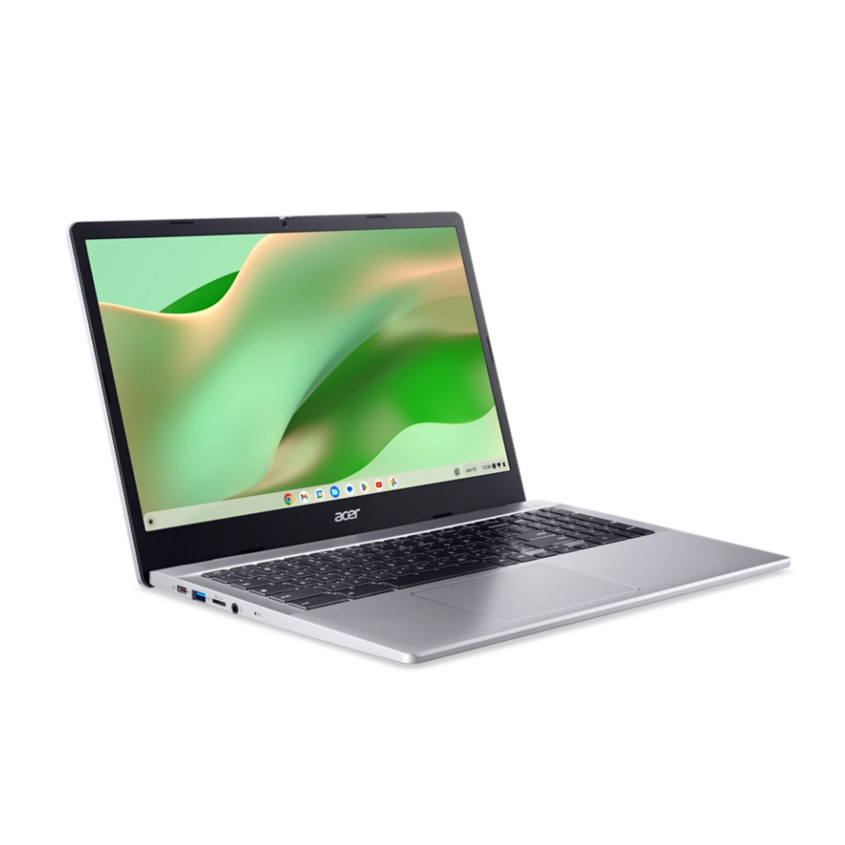 Laptop Acer argento, aperto, su bianco. Lo schermo mostra un design astratto verde e bianco.