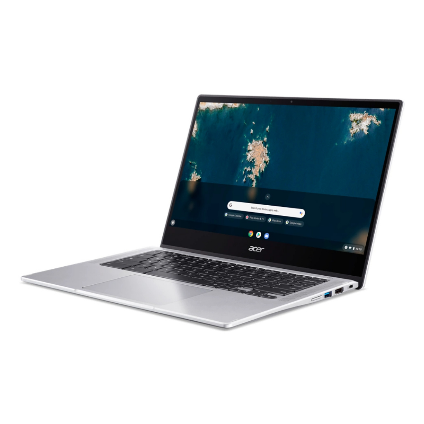 Laptop argentato su superficie bianca. Lo schermo mostra sfondo blu con masse bianche.