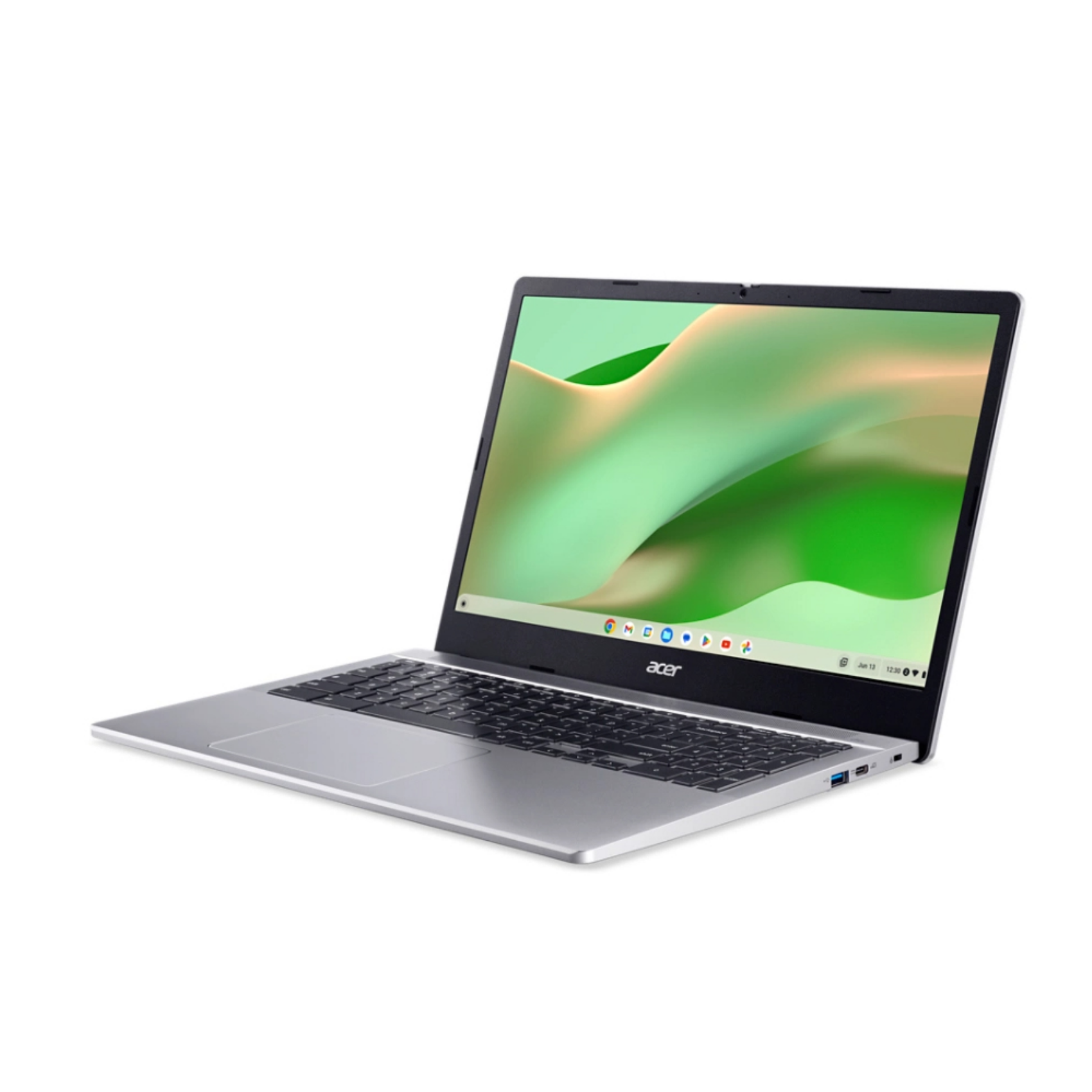 Laptop argentato con schermo aperto che mostra un'immagine colorata, su sfondo bianco.