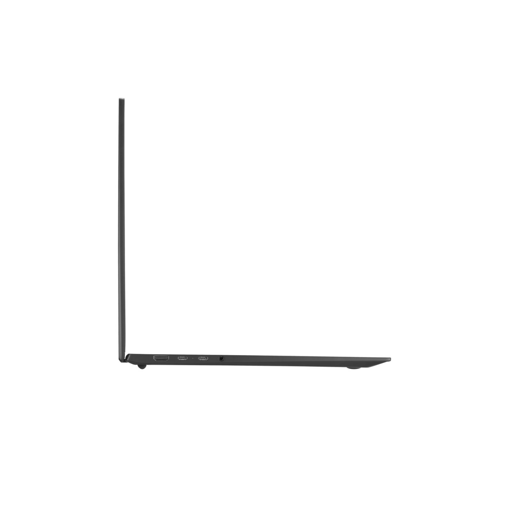 Seitenansicht eines dünnen Laptops, die Anschlüsse und ein schlankes Profil zeigt, auf weißem Hintergrund.