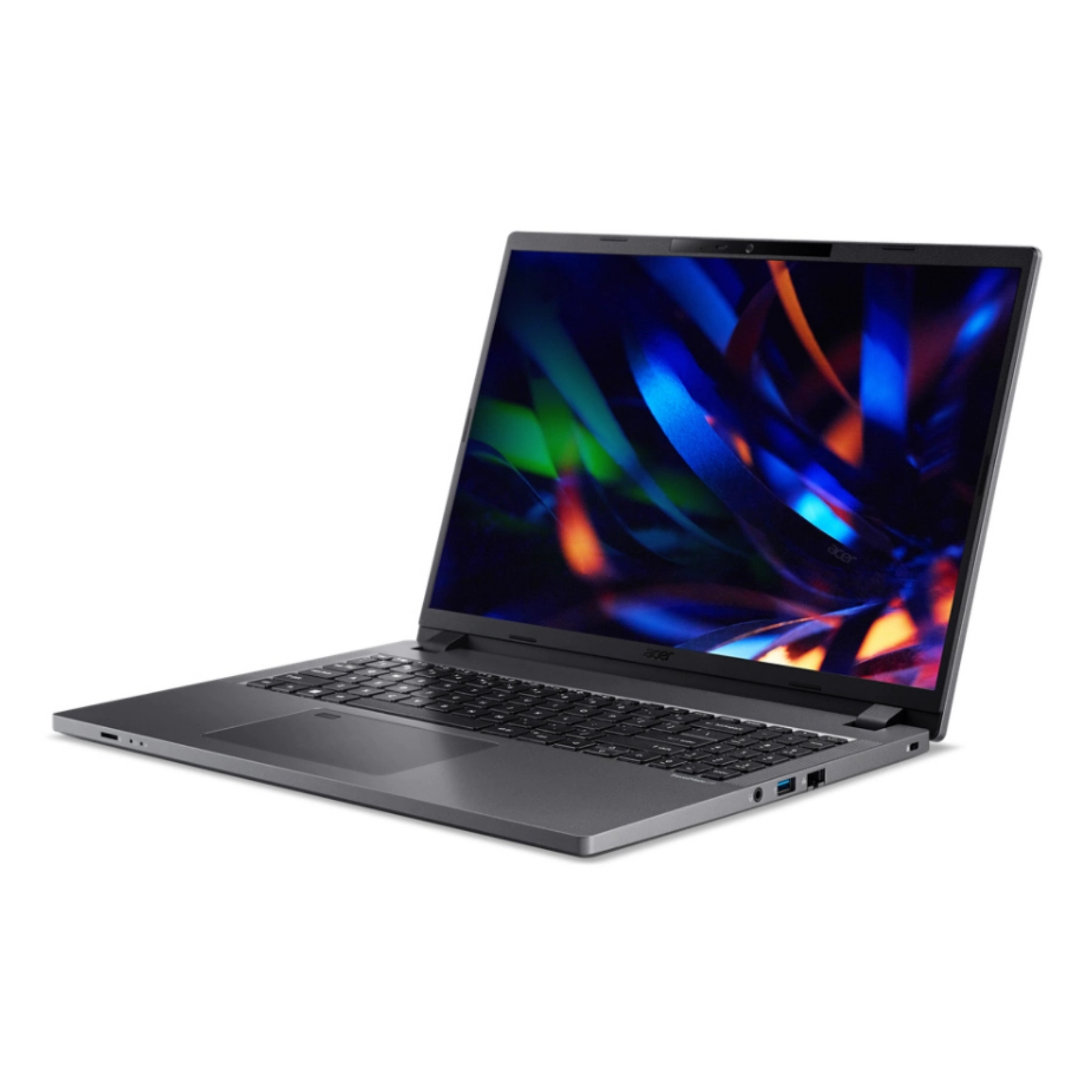 Laptop, aperto, vista angolata. Il display mostra un design astratto colorato. Sfondo bianco.