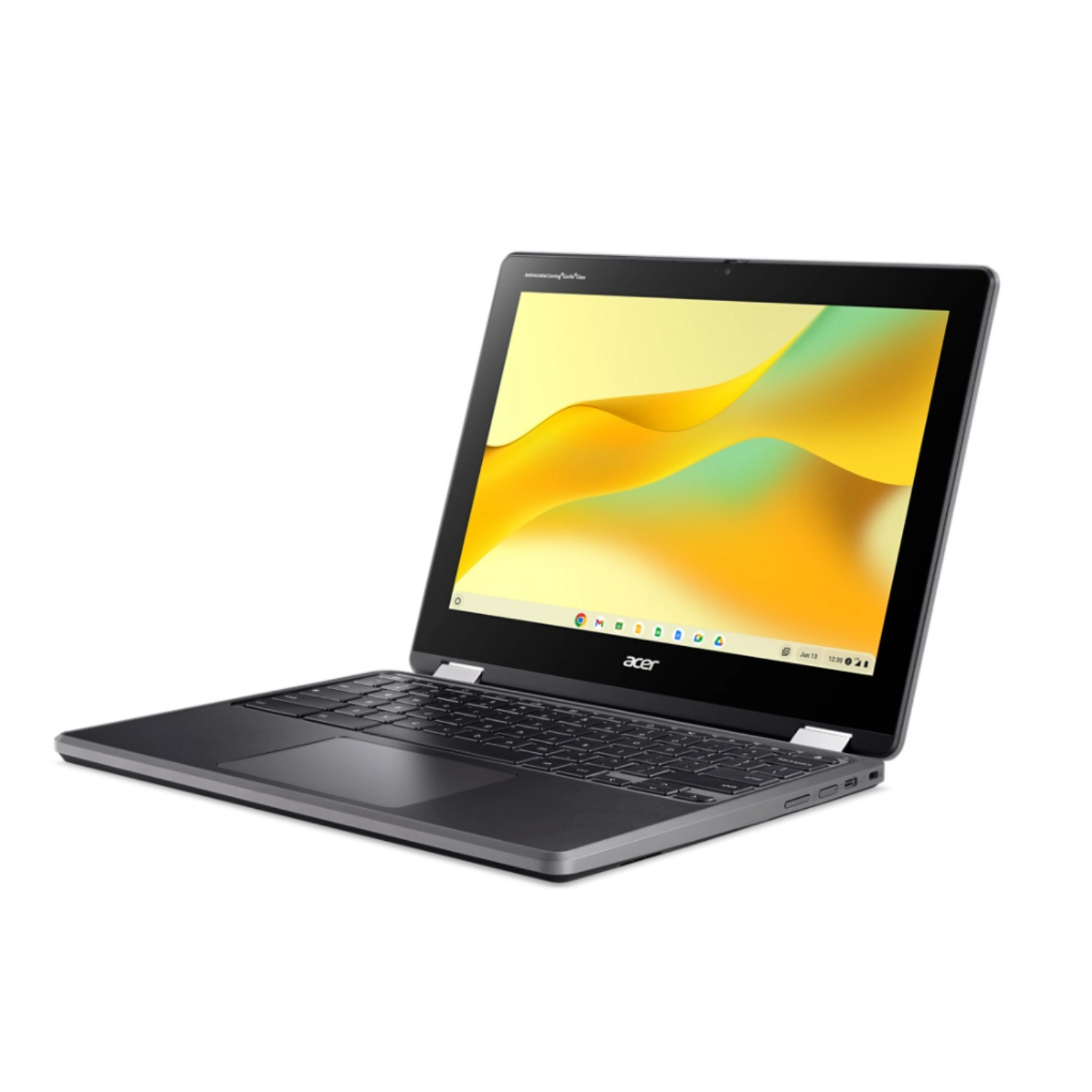 Laptop Acer Chromebook. Otwarty, ekran pokazuje żółto-zieloną grafikę. Białe tło.