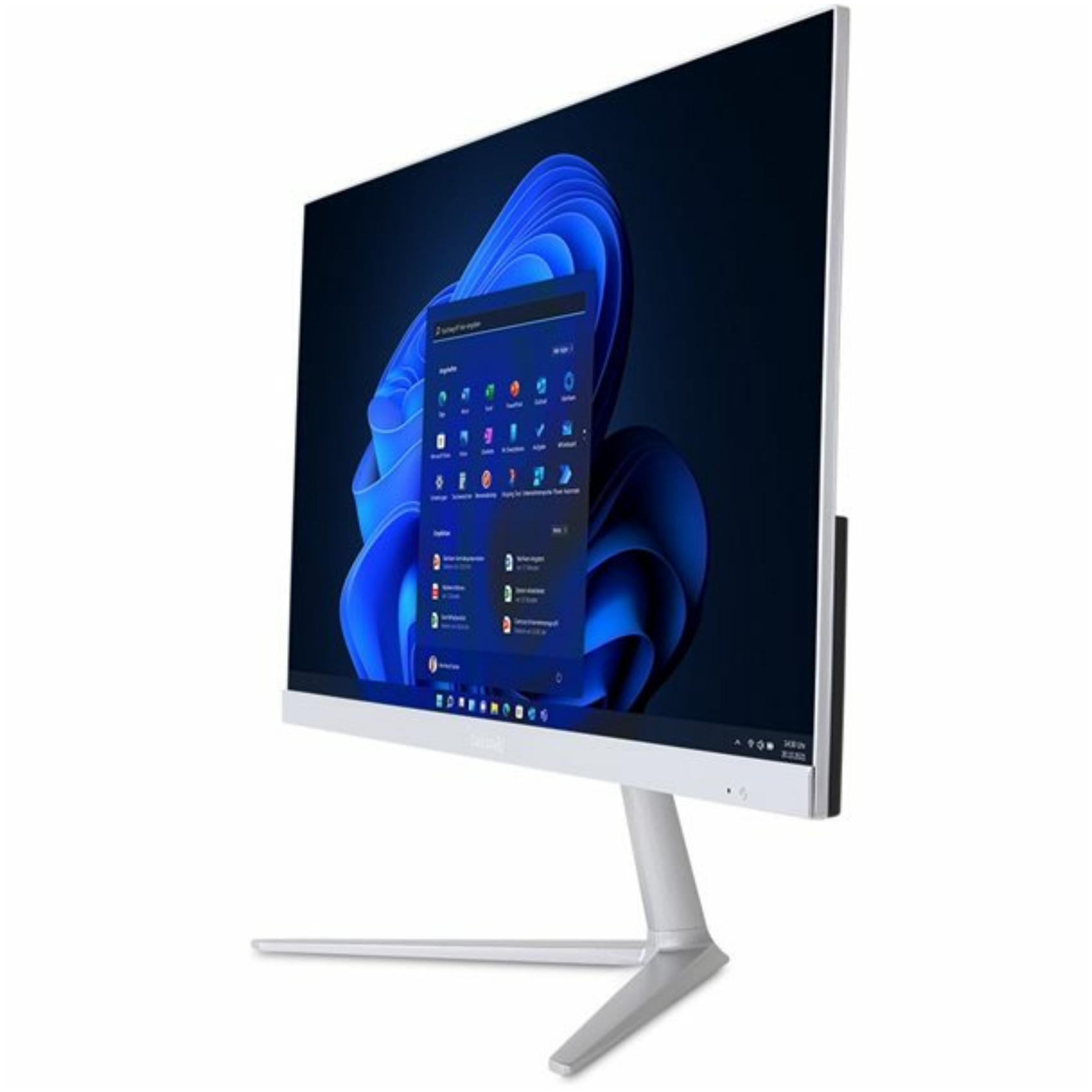 Biały monitor z czarnym ekranem wyświetlającym aplikacje Windows.