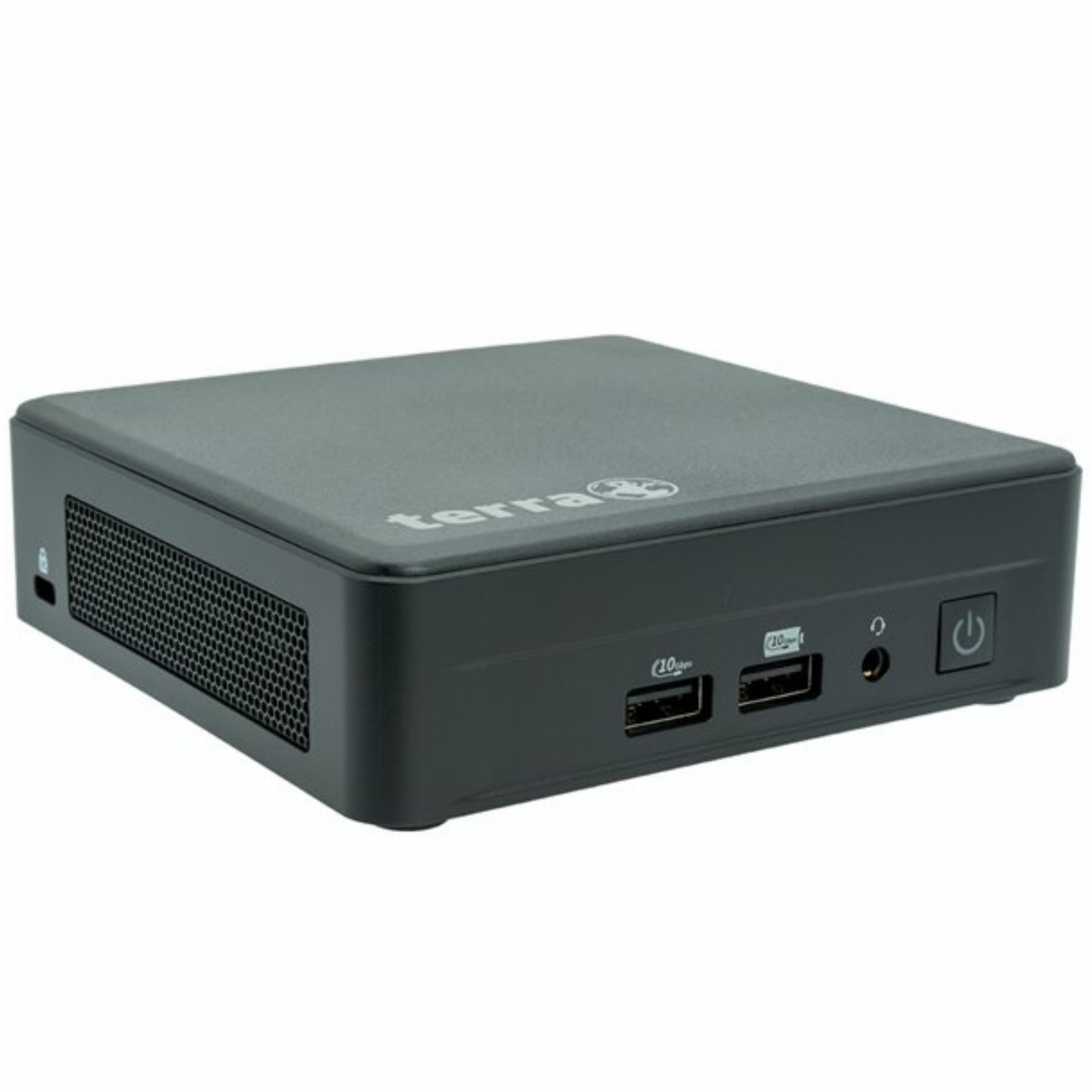 Czarny mini PC z wieloma portami USB, przyciskiem zasilania i wentylacją.