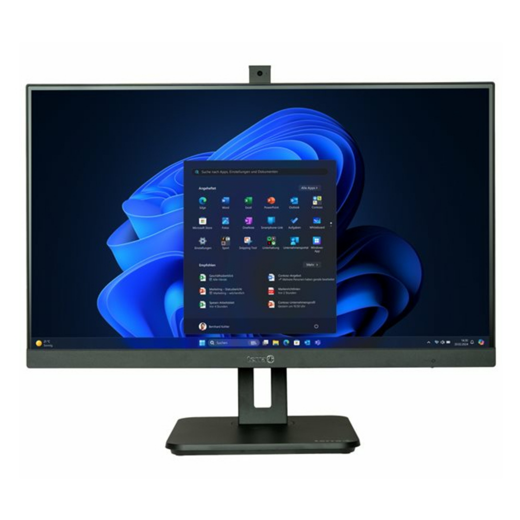 Duży monitor komputera z kamerą internetową na górze. Wyświetlane aplikacje Windows. Czarny stojak.