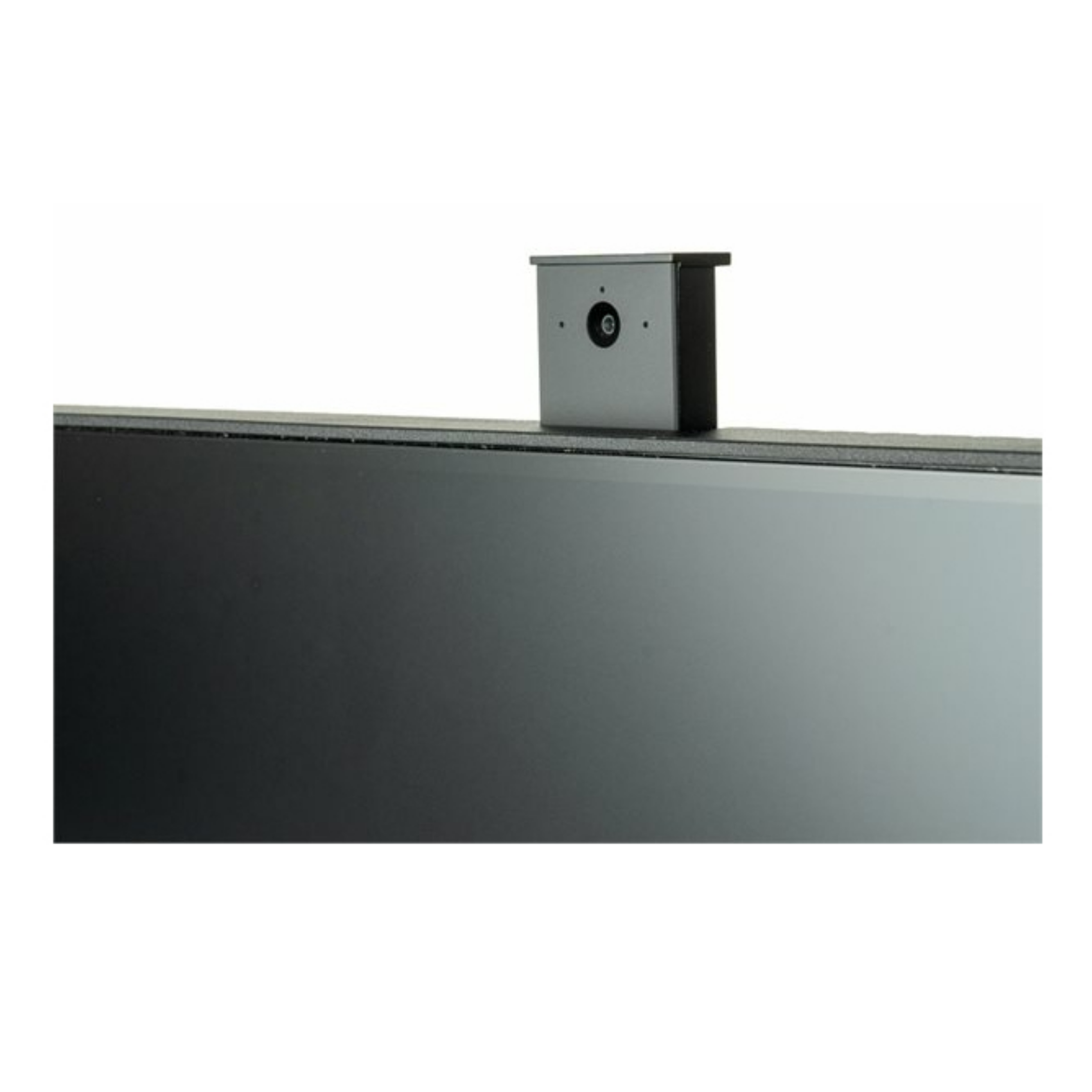 Kamera internetowa na górze monitora, czarna, z obiektywem i czarną ramką.