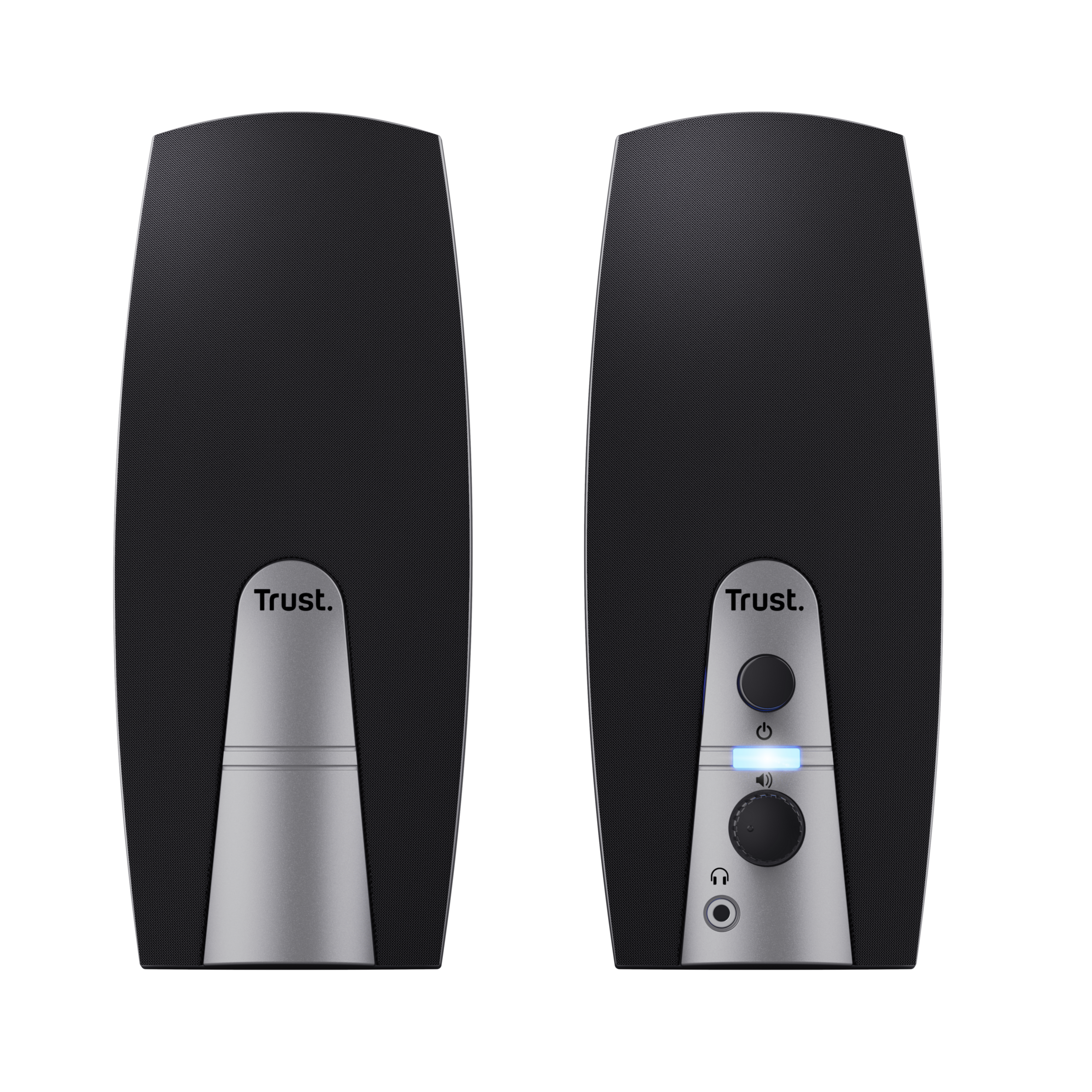 Two black speakers with silver accents. One has a power button and volume control.