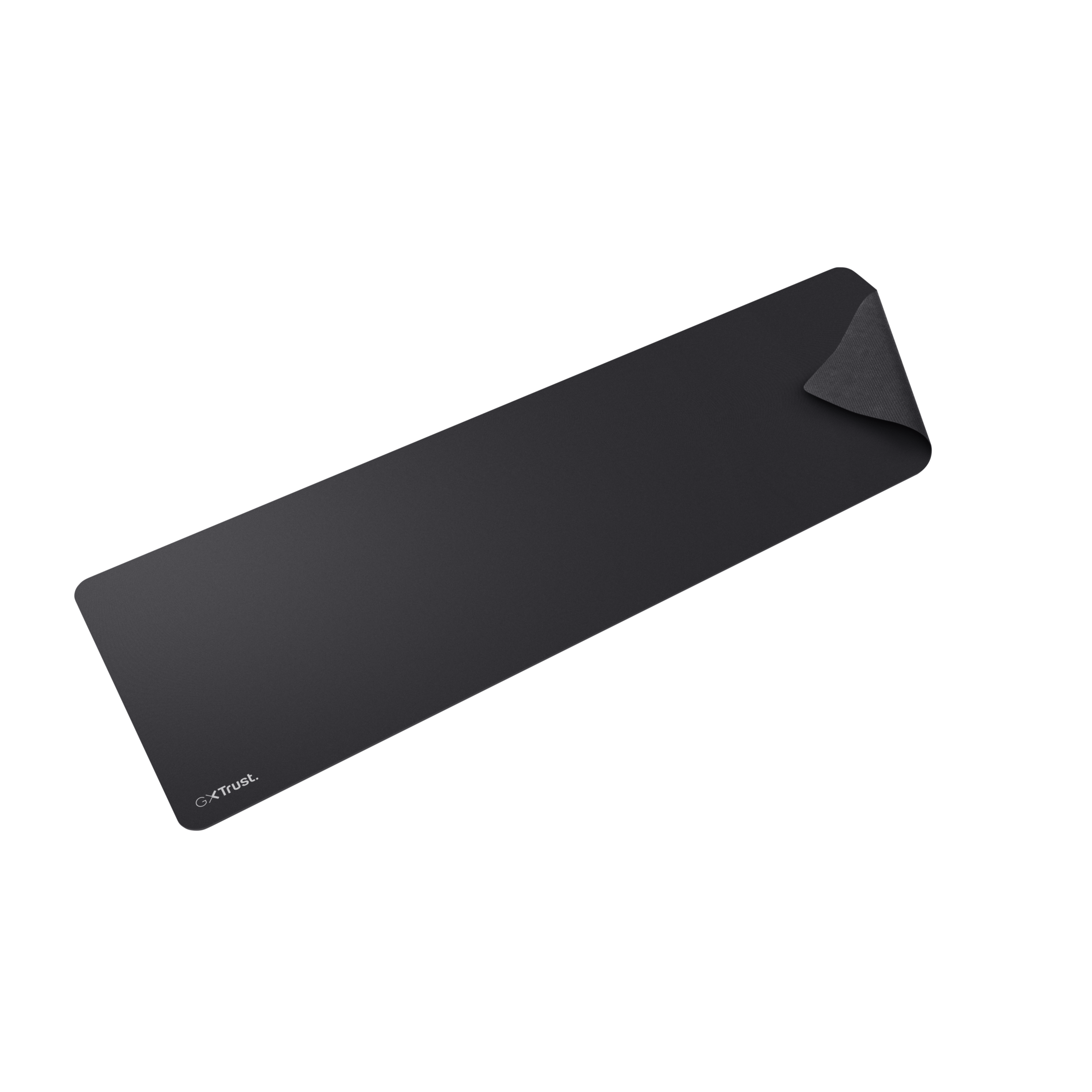 Tapis de souris noir avec un coin plié sur fond noir.