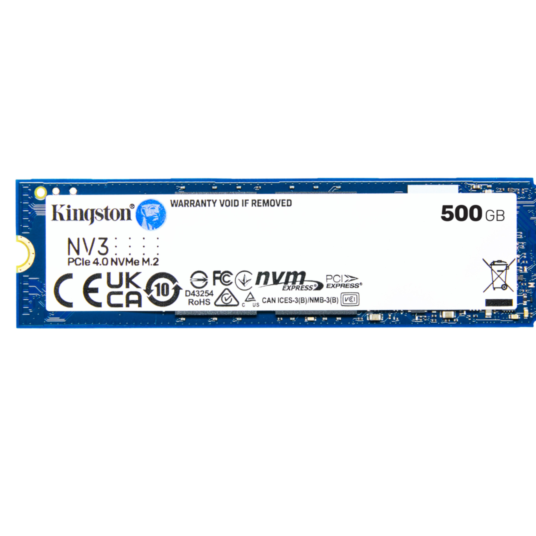Kingston NVMe SSD. Niebieska płytka drukowana z etykietami. Widoczna pojemność 500 GB.