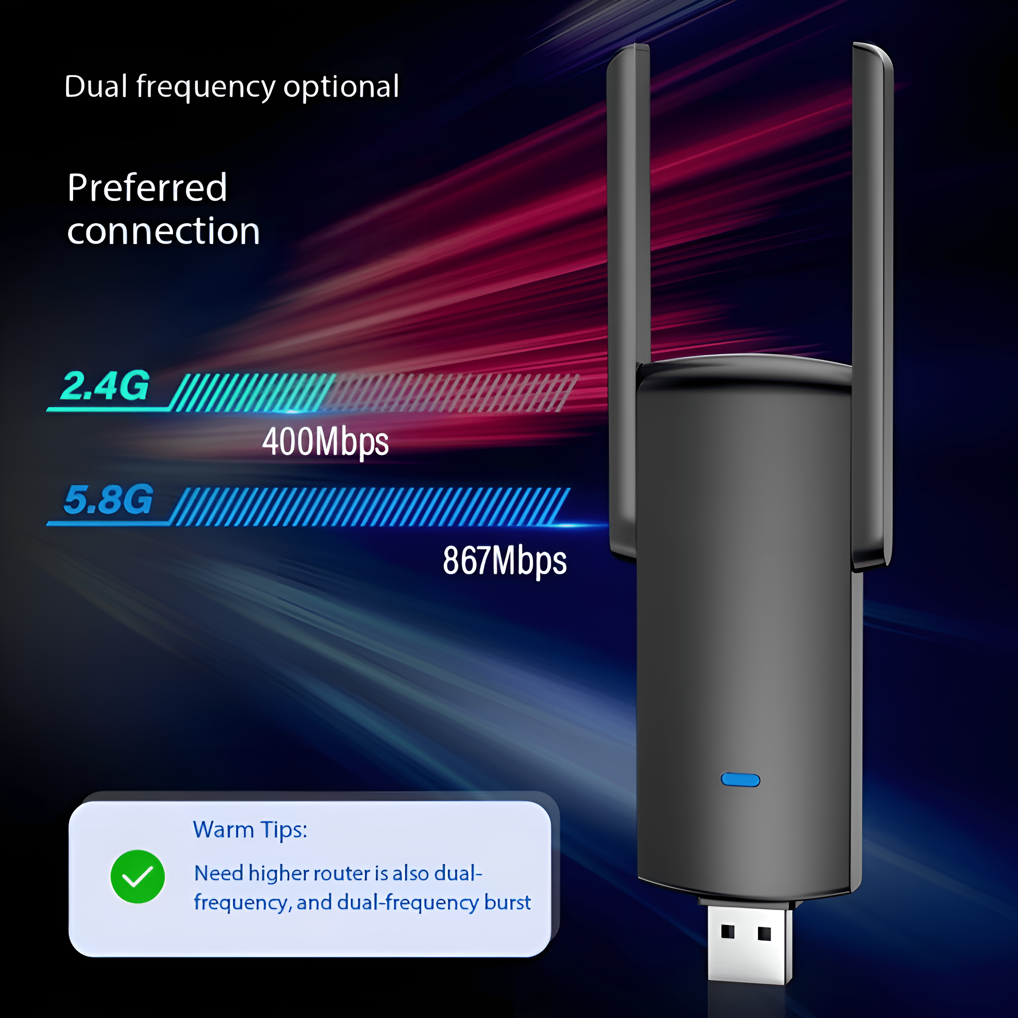 Schwarzer WLAN-Extender mit Text und Grafikelementen auf dunklem Hintergrund.