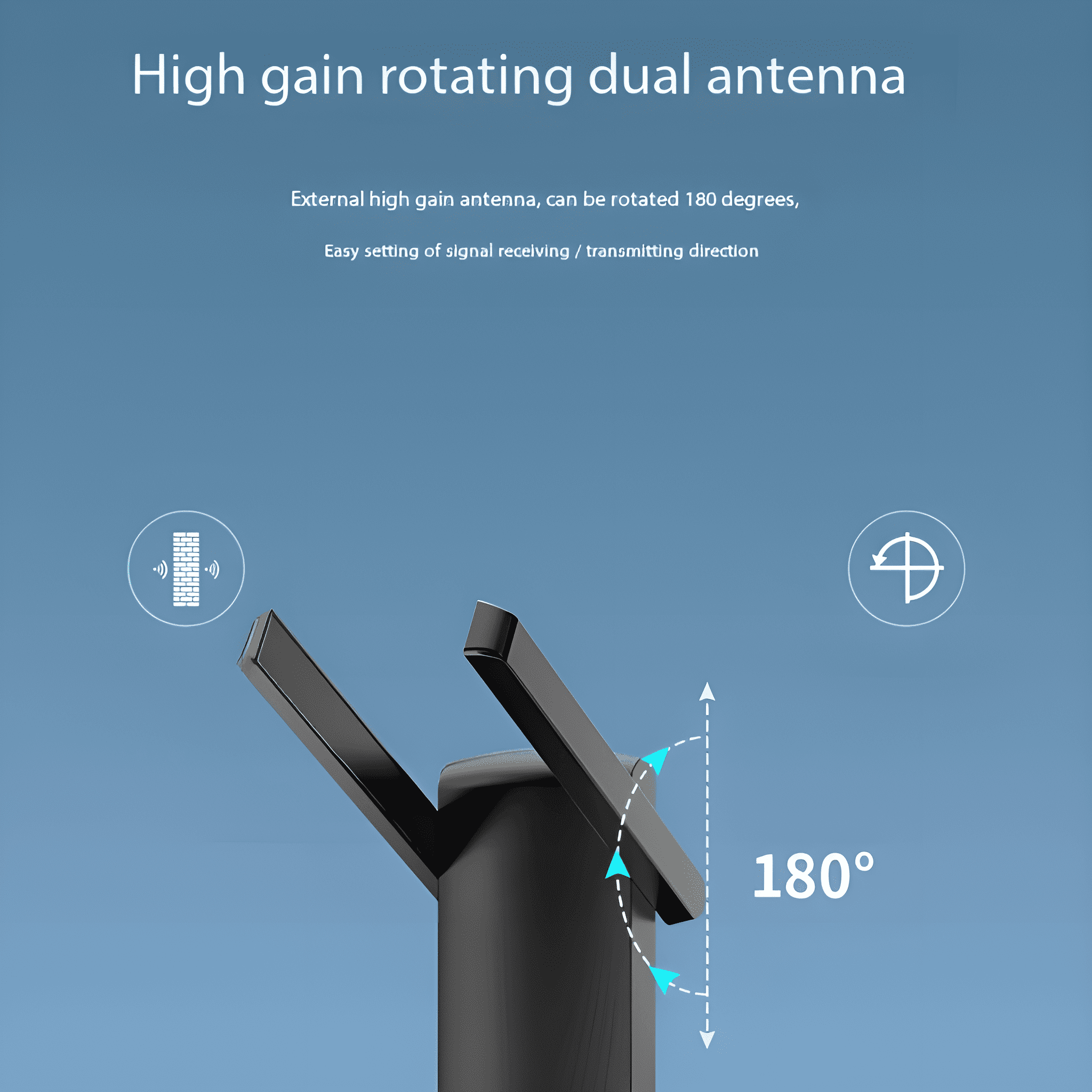 Schwarze Antenne mit drehbaren Paneelen, mit blauem Himmel, zeigt 180 Grad.