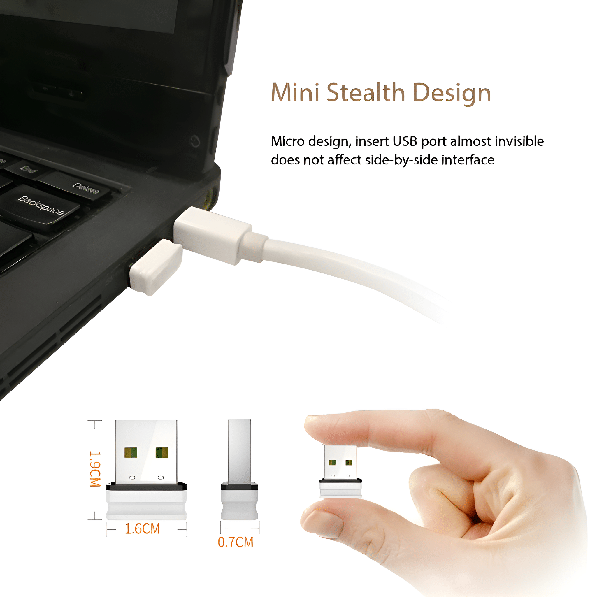 Bild eines weißen USB-Adapters und seiner Abmessungen mit einem Laptop im Hintergrund.