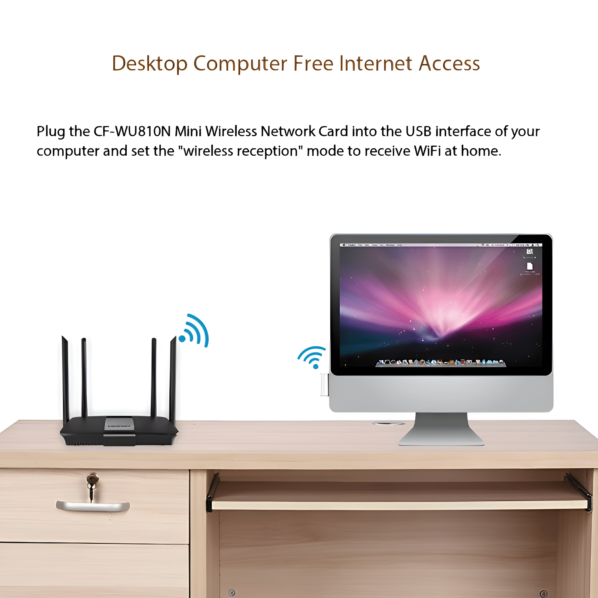 Ein Router und ein Computer auf einem Schreibtisch, mit Text über den Internetzugang.