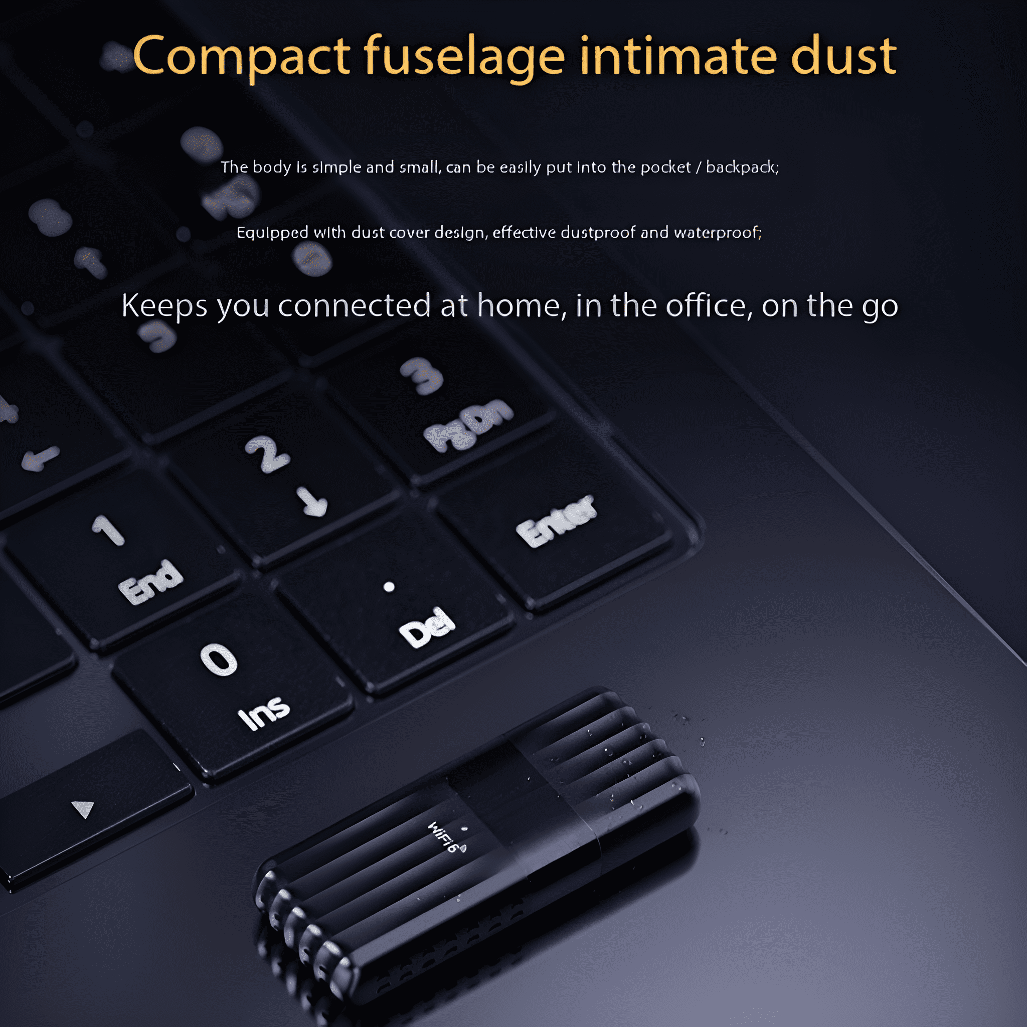 Ein schwarzer USB-WLAN-Adapter auf einer Laptop-Tastatur, mit Text über sein kompaktes Design.