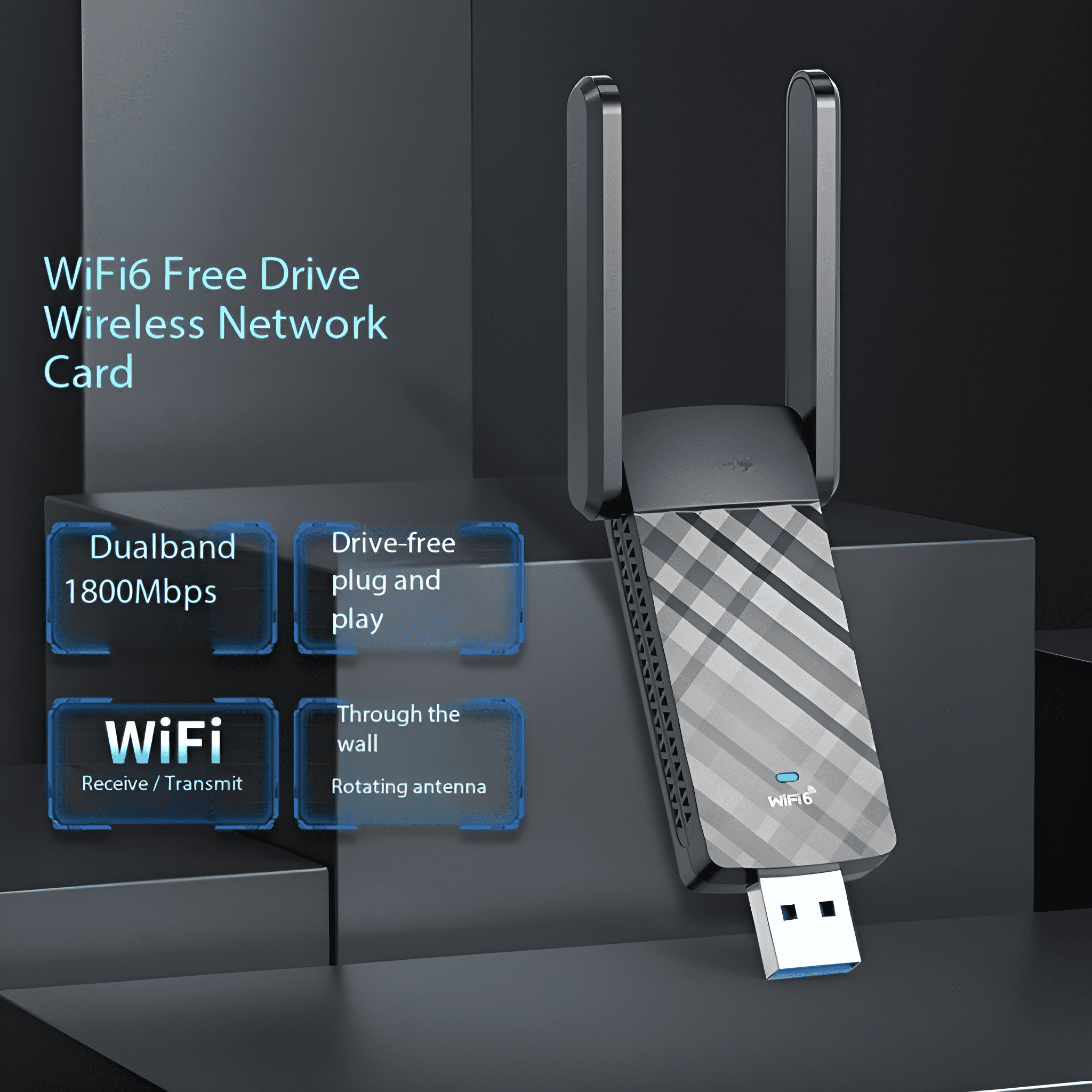 Ein schwarzer und grauer WLAN-Adapter mit zwei Antennen. Text zeigt WiFi6, Dualband und andere Funktionen.