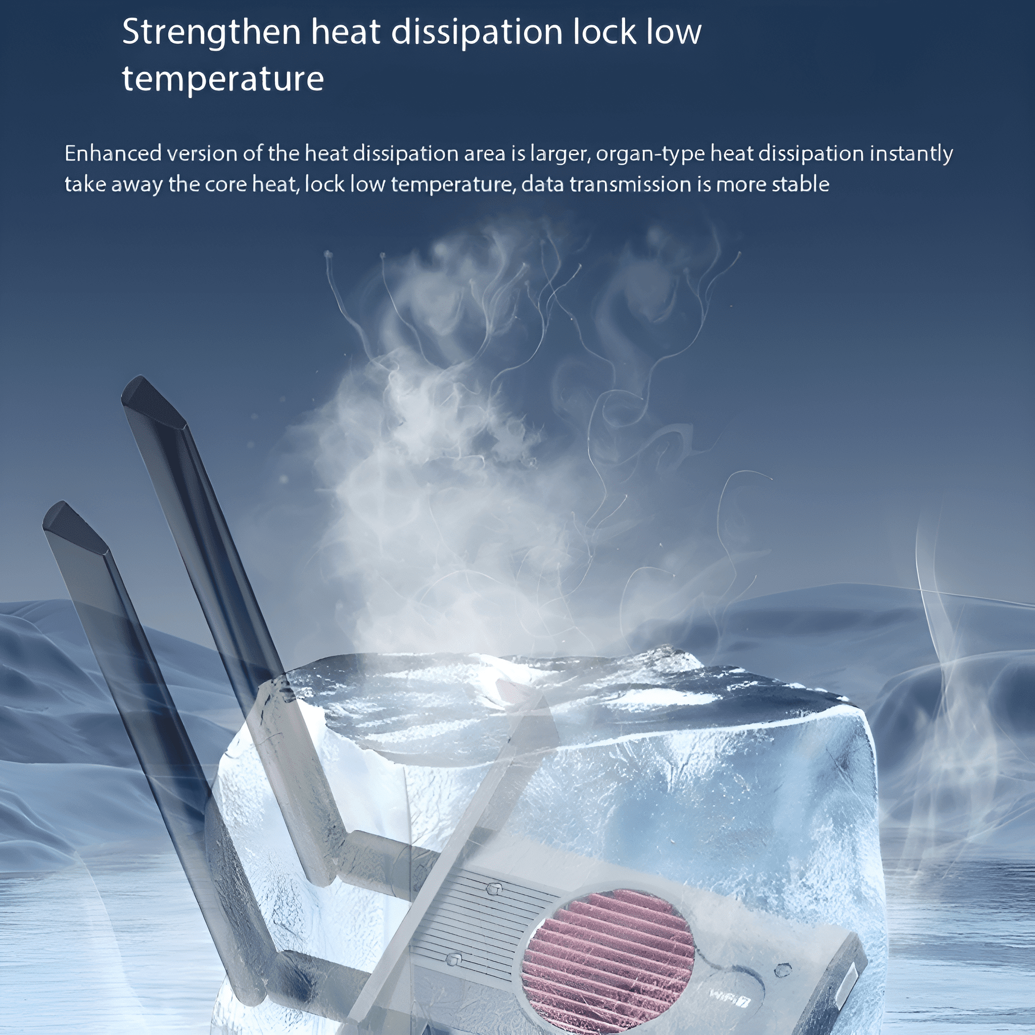 Bild eines Routers in einem Eisblock mit Antennen und Text über Wärmeableitung und Temperatur.