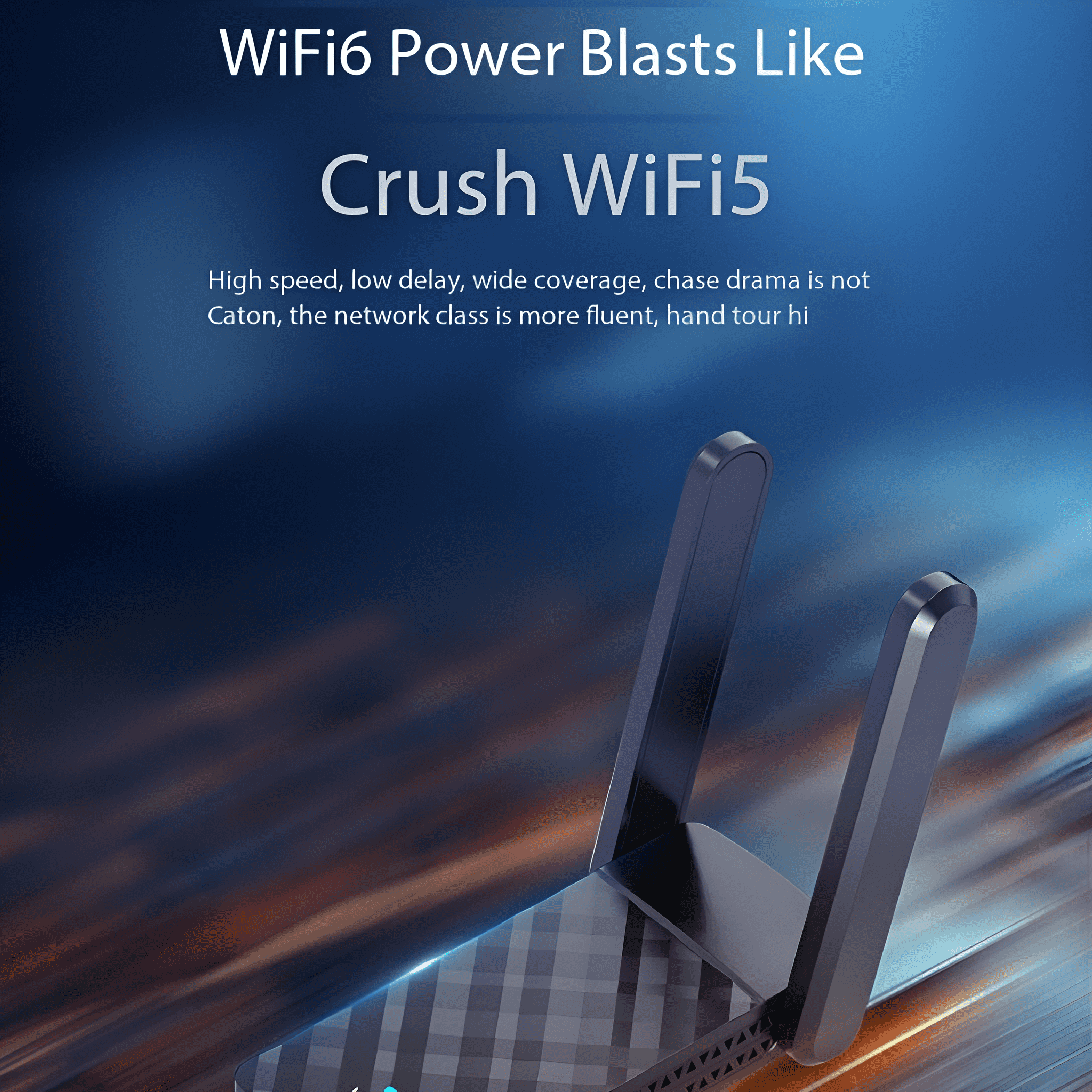 WLAN-Router 6 mit zwei Antennen. Das Bild zeigt einen blauen Hintergrund mit Text.