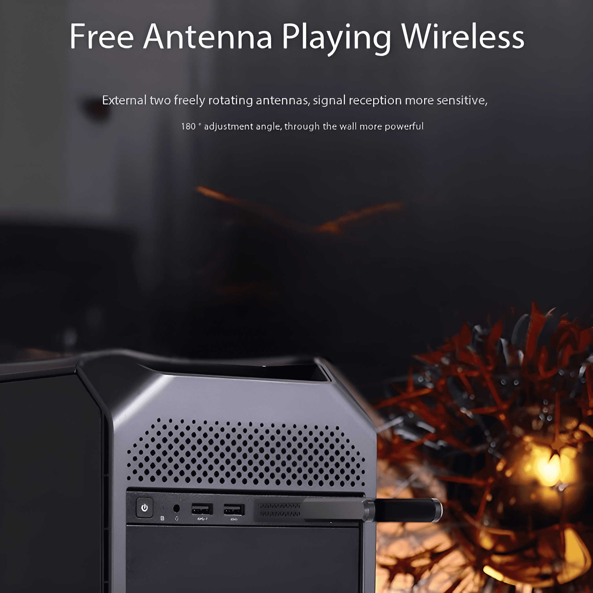Ein schwarzer Computer mit kleiner Antenne und Text über drahtlose Antennen und externe Antennen.