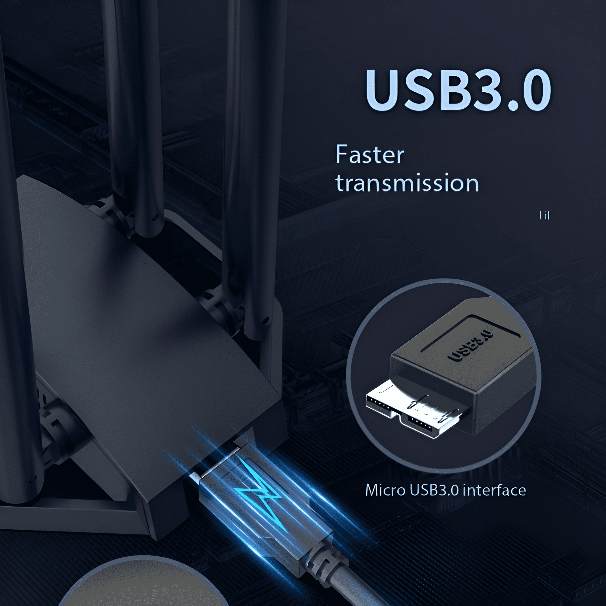 Schwarzes USB 3.0 Kabel mit Micro-USB-Anschluss. Angeschlossen an ein schwarzes Gerät. Blaue Highlights.